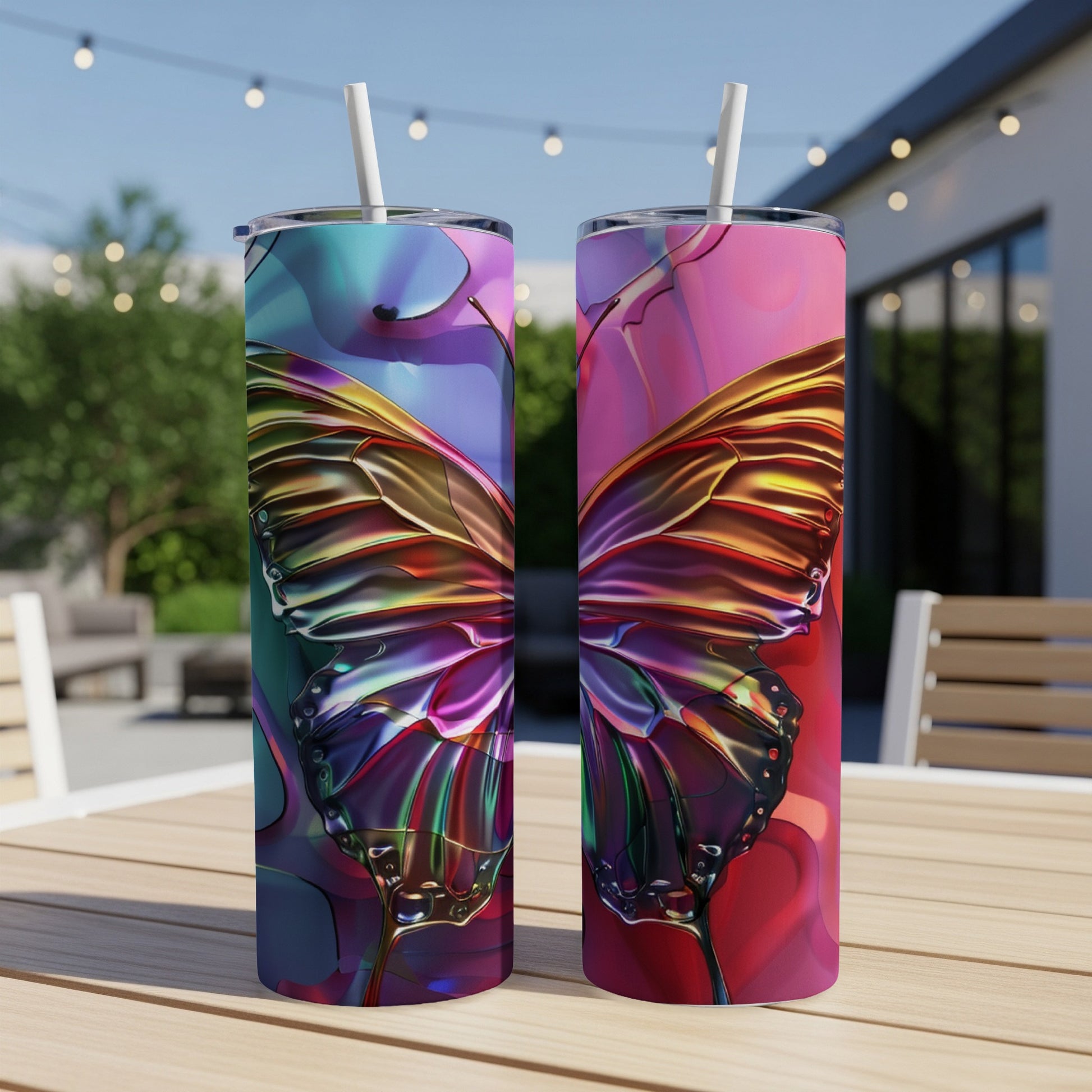 Two tumblers with iridescent butterfly wings on a table.