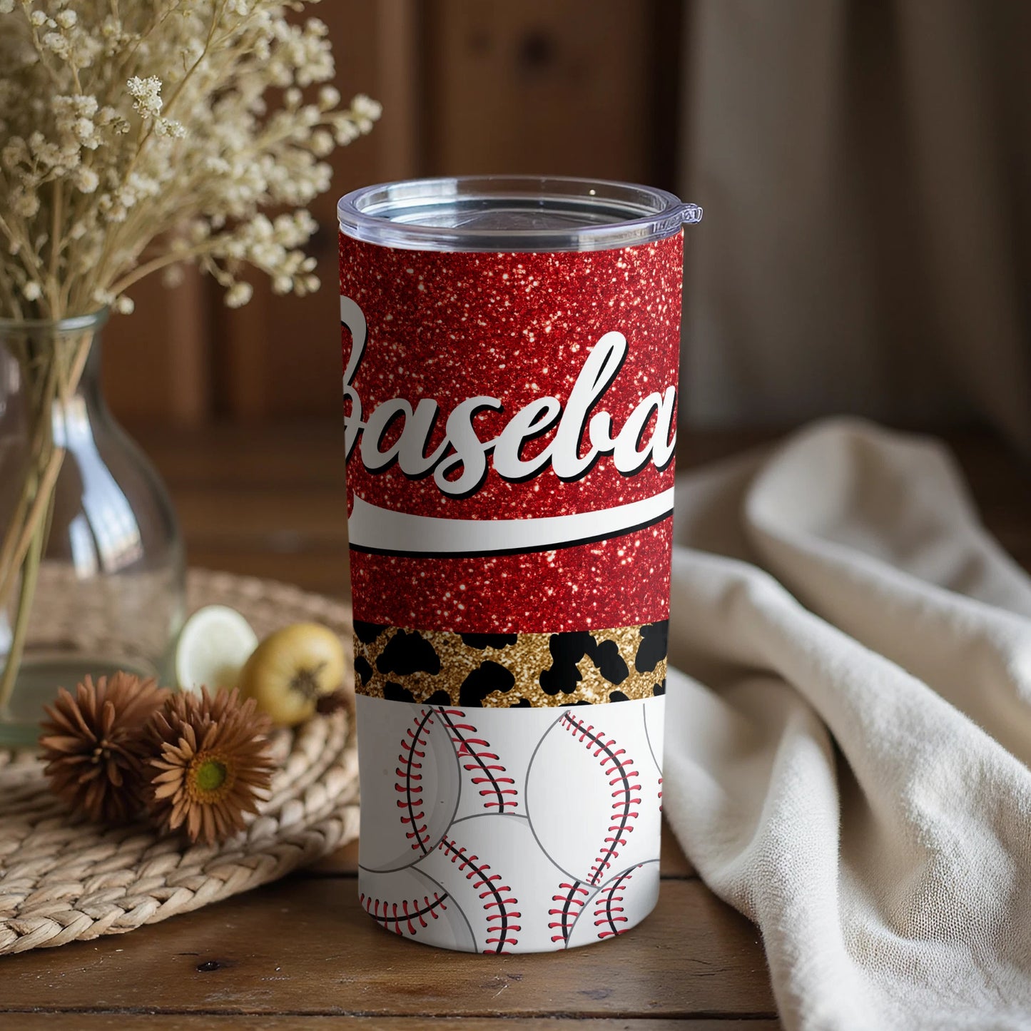 Sparkling Red Baseball Themed Tumbler with Lid