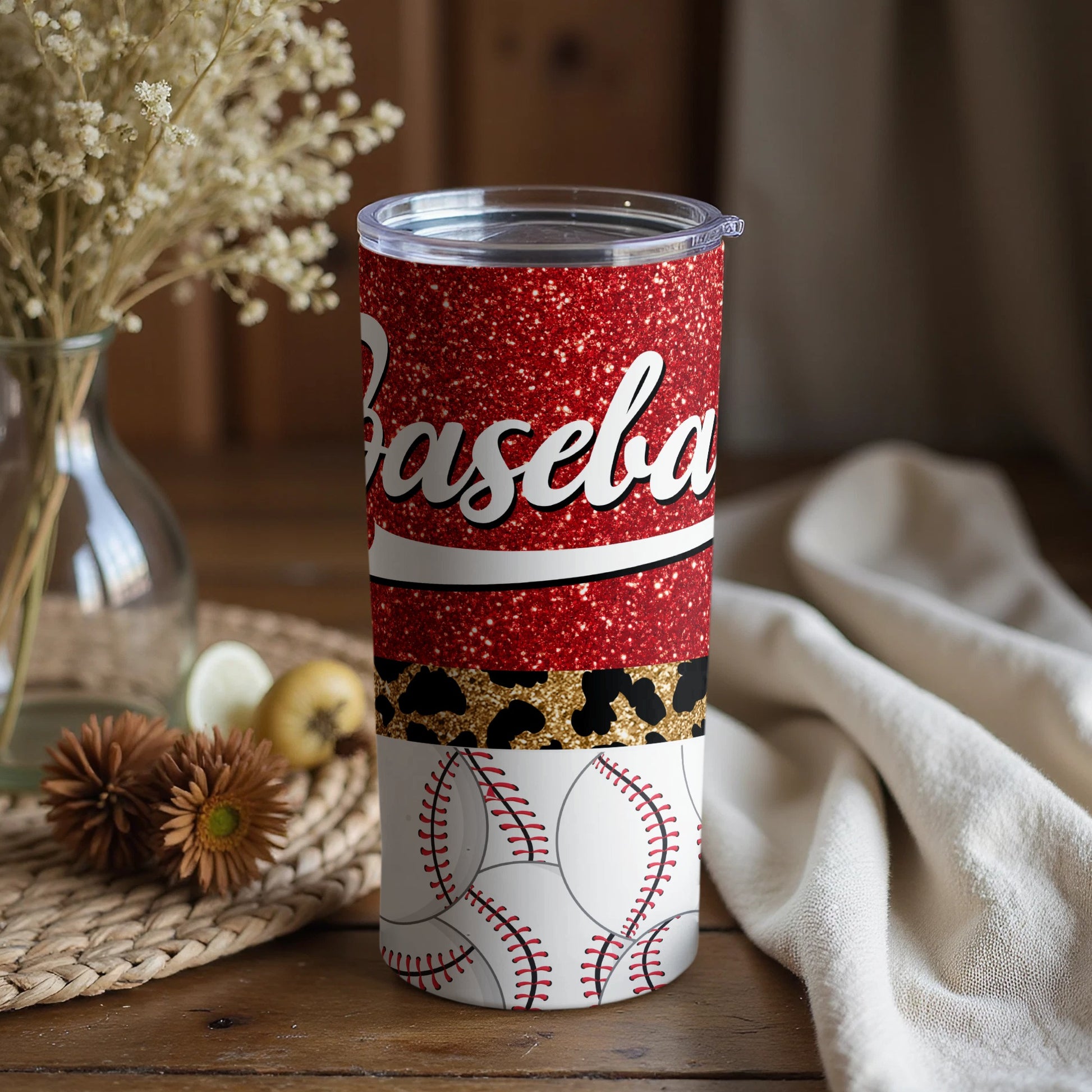 Sparkling Red Baseball Themed Tumbler with Lid