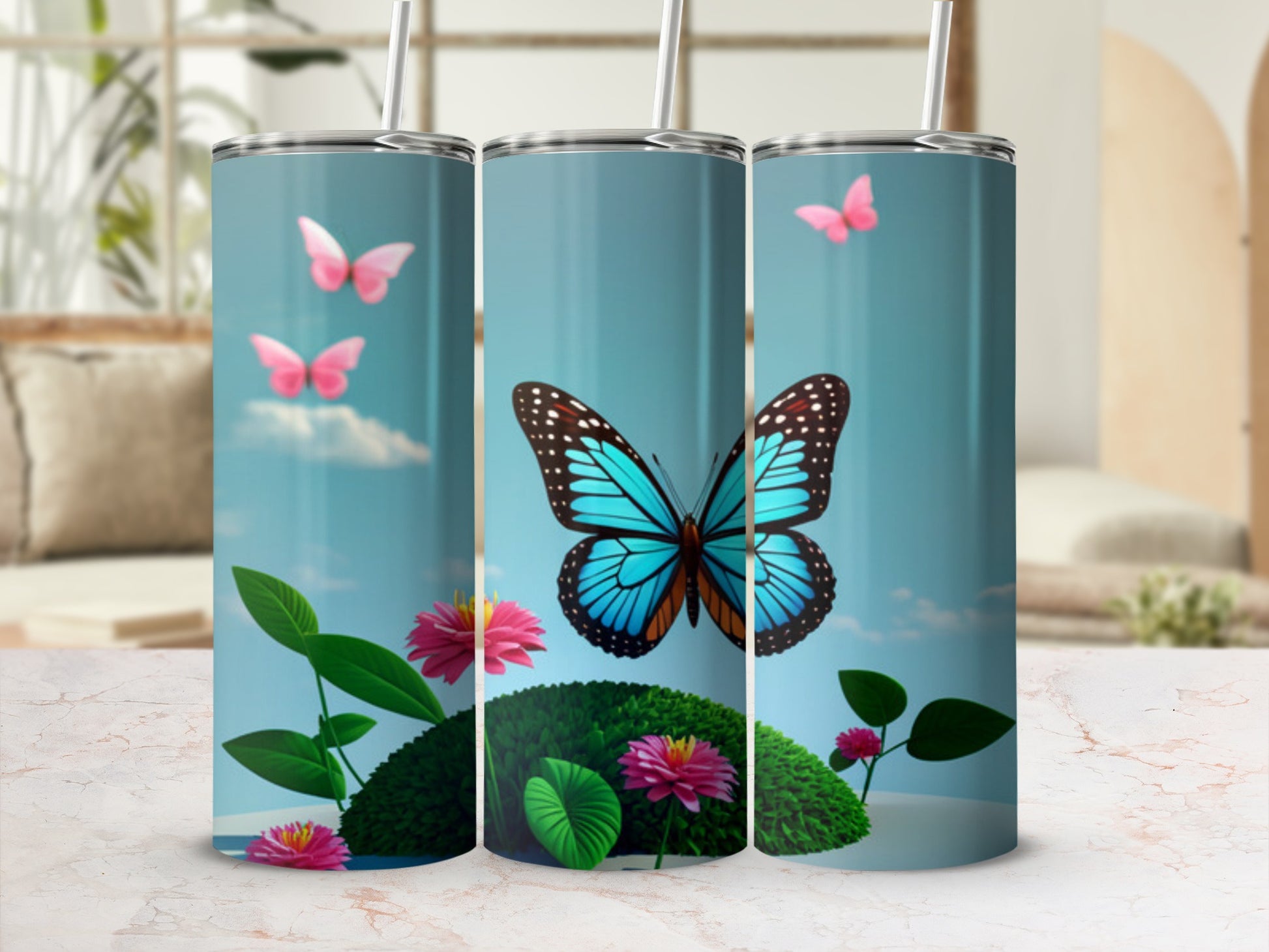 Blue butterfly on green leaves with pink flowers, on a tumbler.