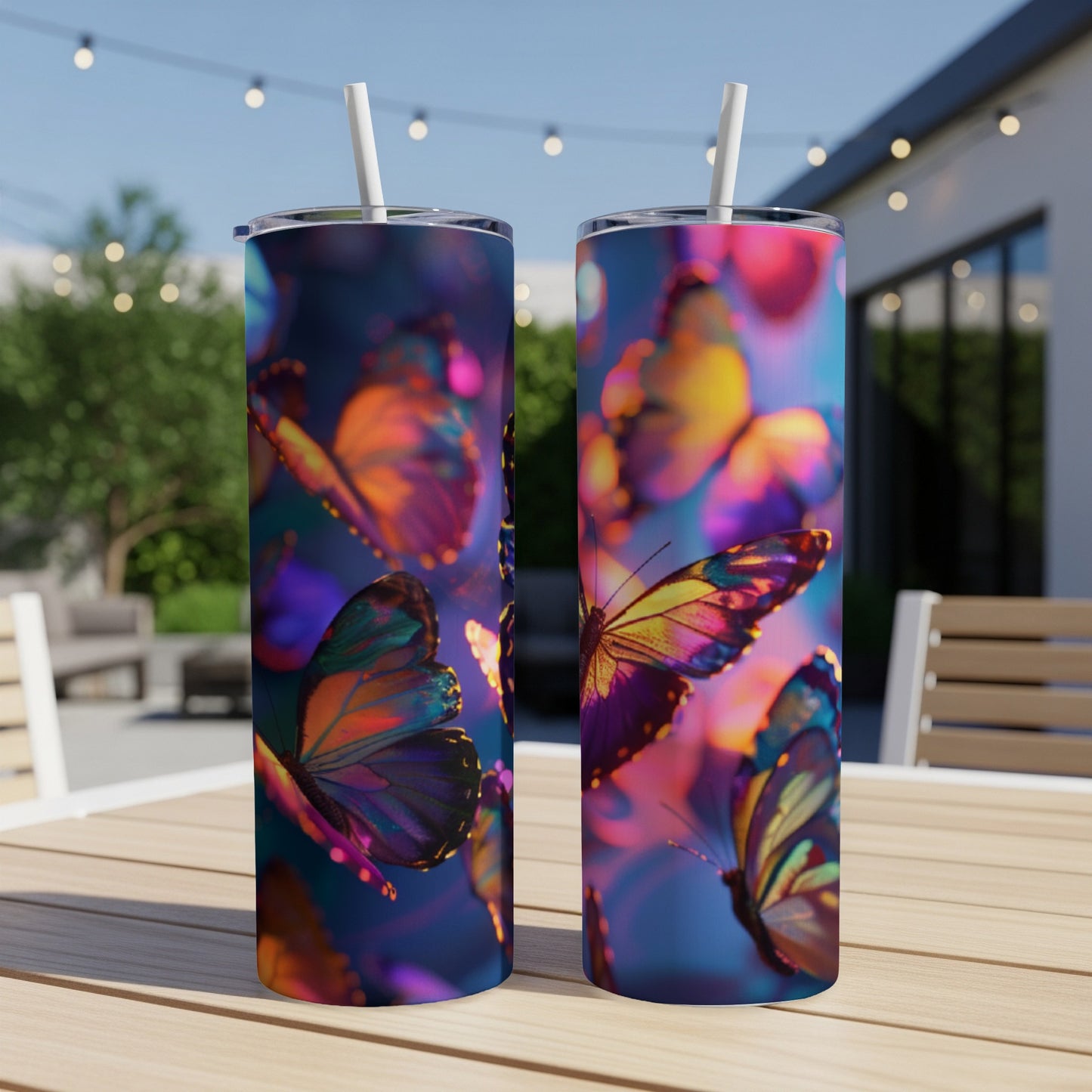 Two tall tumblers with colorful butterfly designs on a wooden table outdoors.