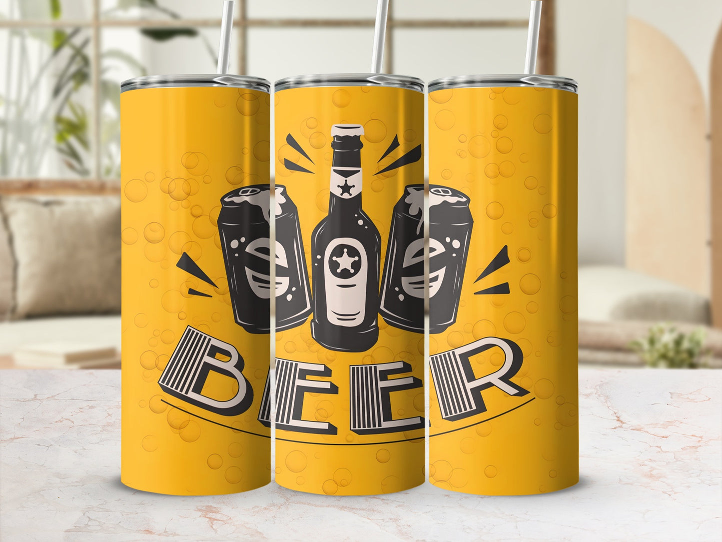 Bright Yellow Beer Themed Insulated Tumbler Cup