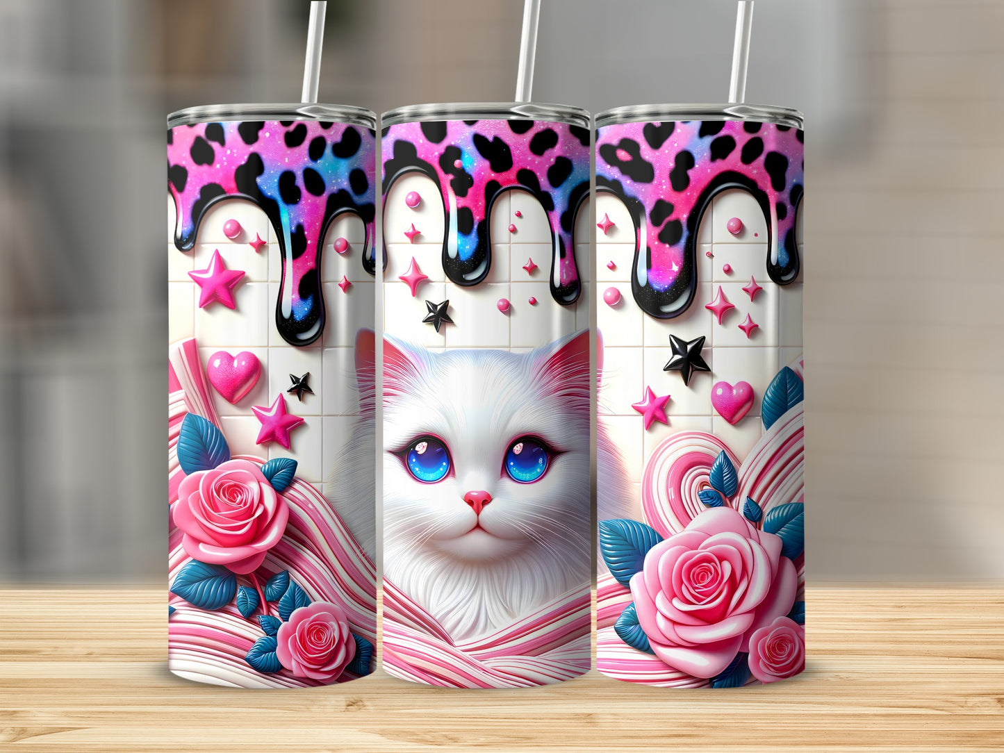 Pink and blue leopard print tumbler with dripping paint, a white cat, and roses.