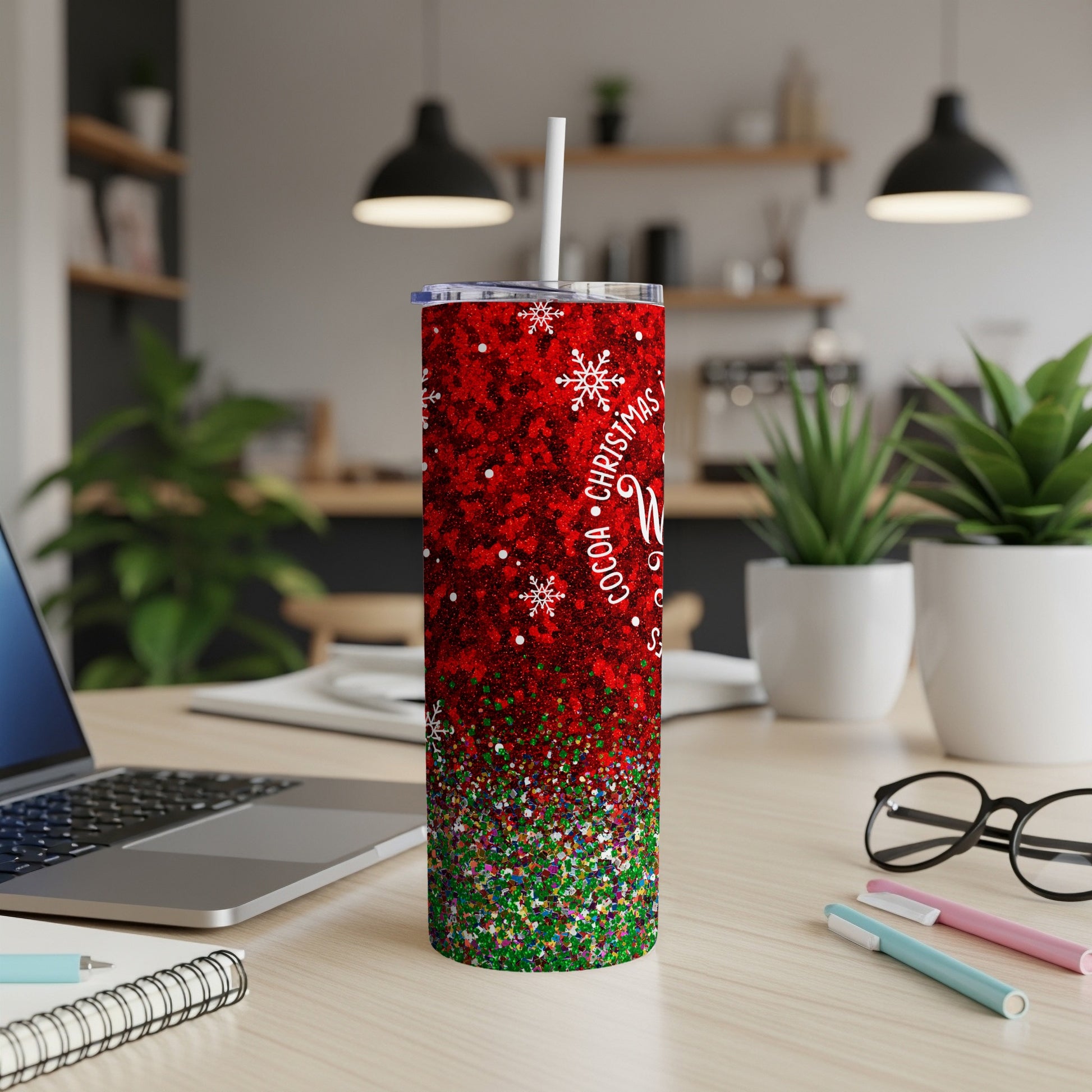 Glittery red Christmas tumbler with "Warm Cocoa" text and snowflakes.