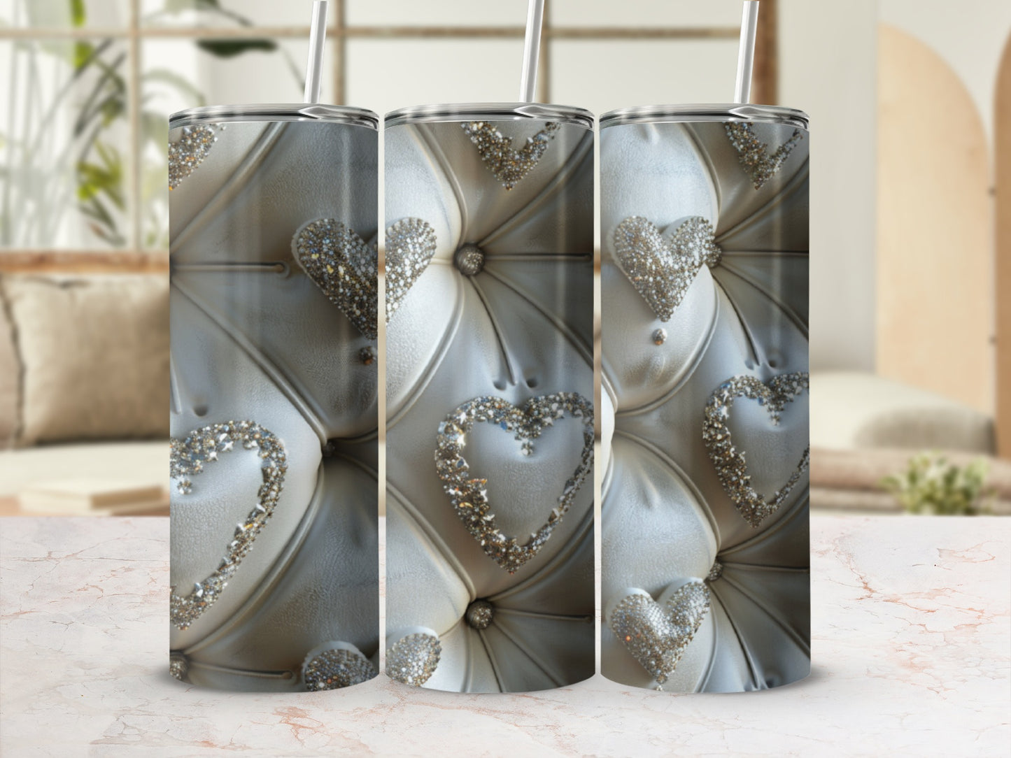 Three tumblers with a diamond-studded quilted heart pattern.