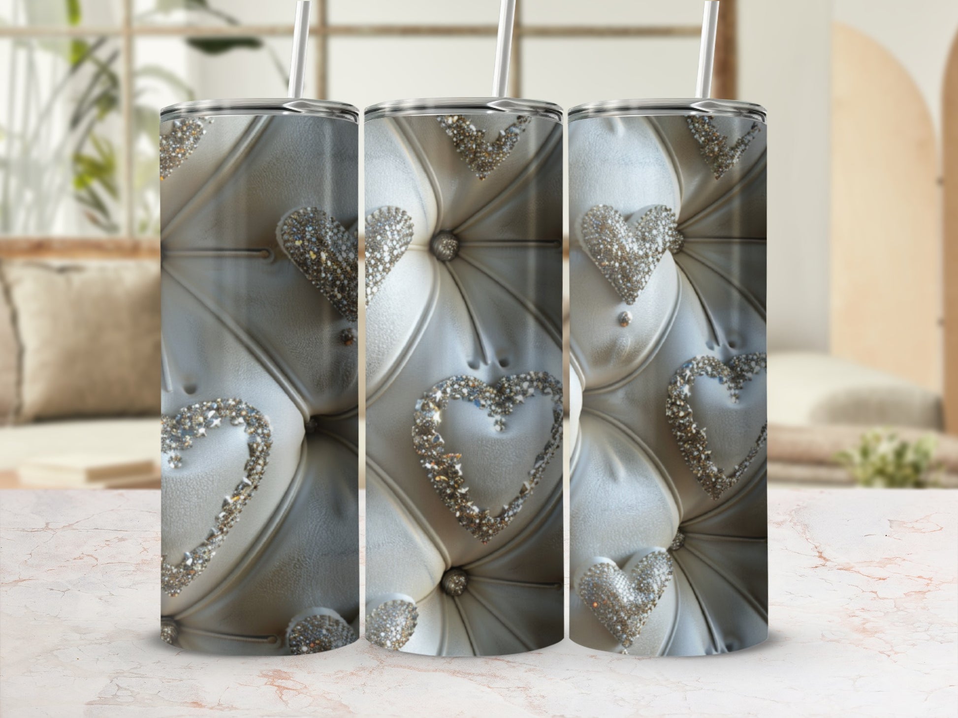 Three tumblers with a diamond-studded quilted heart pattern.