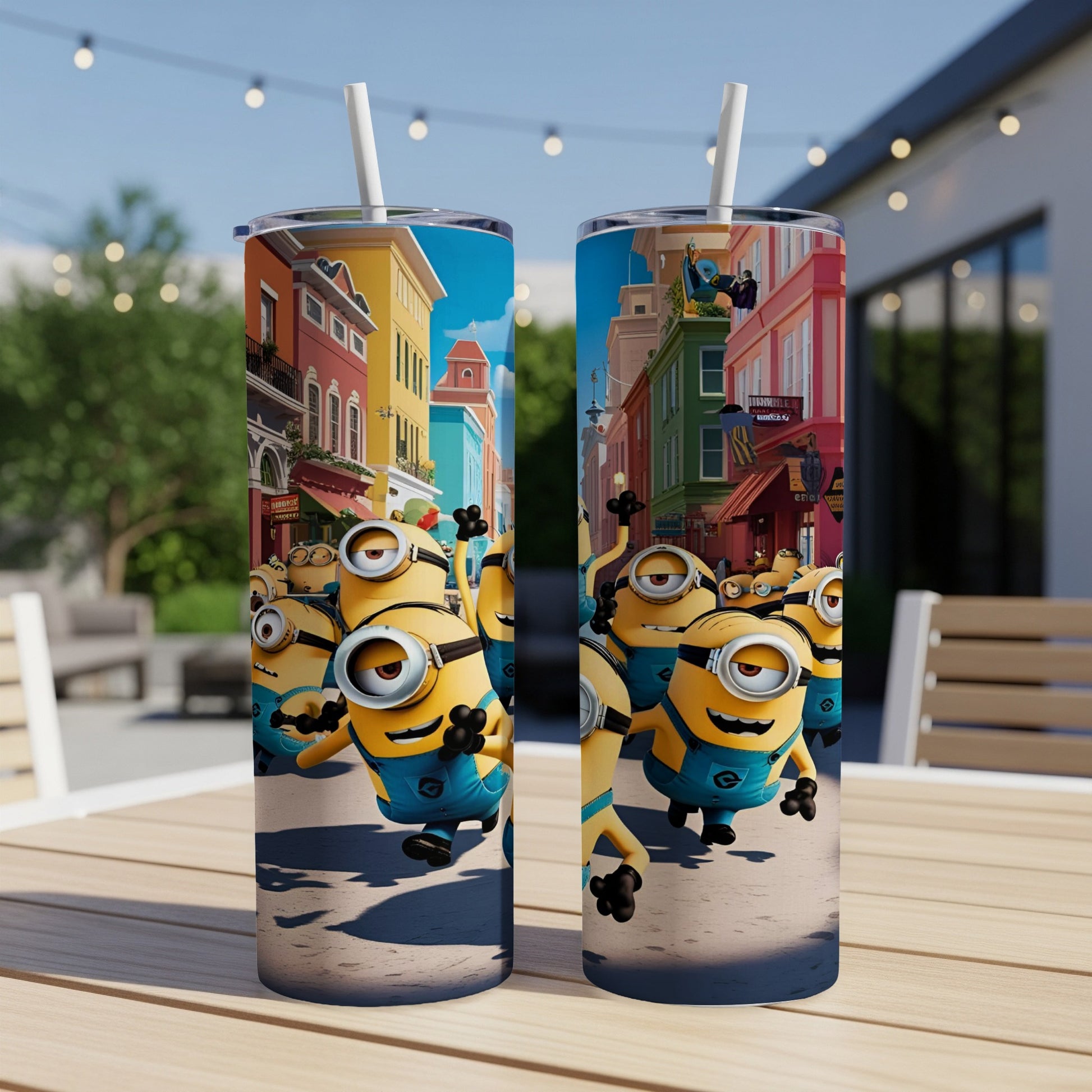 Minions in overalls running down a colorful cartoon street.