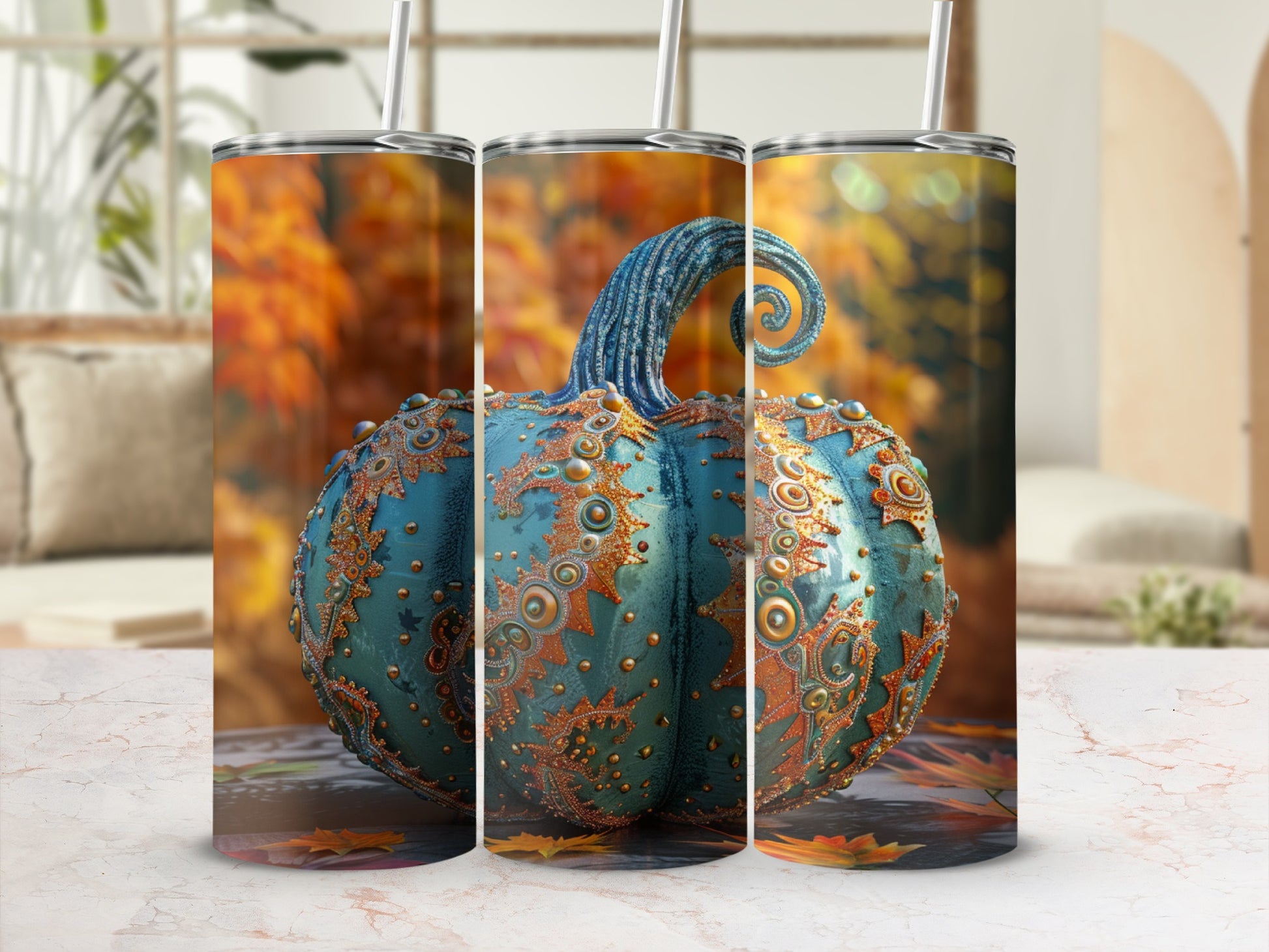 Turquoise pumpkin tumbler with ornate gold scrollwork and lid.