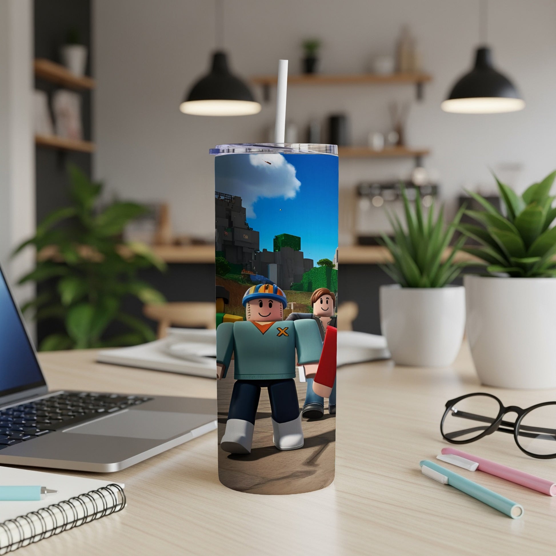 Roblox characters stand on a wooden surface with a laptop and desk accessories.