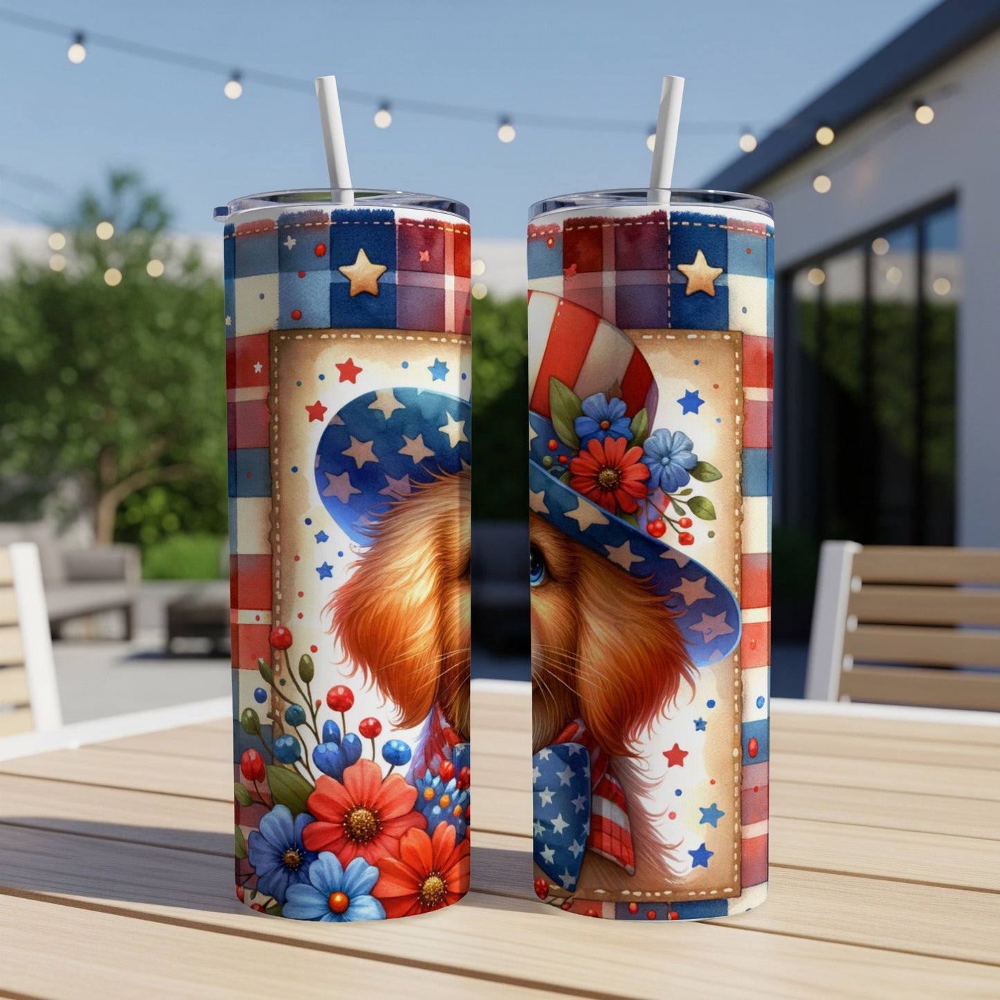 Golden retriever wearing patriotic hat with flowers, on Independence Day tumblers.