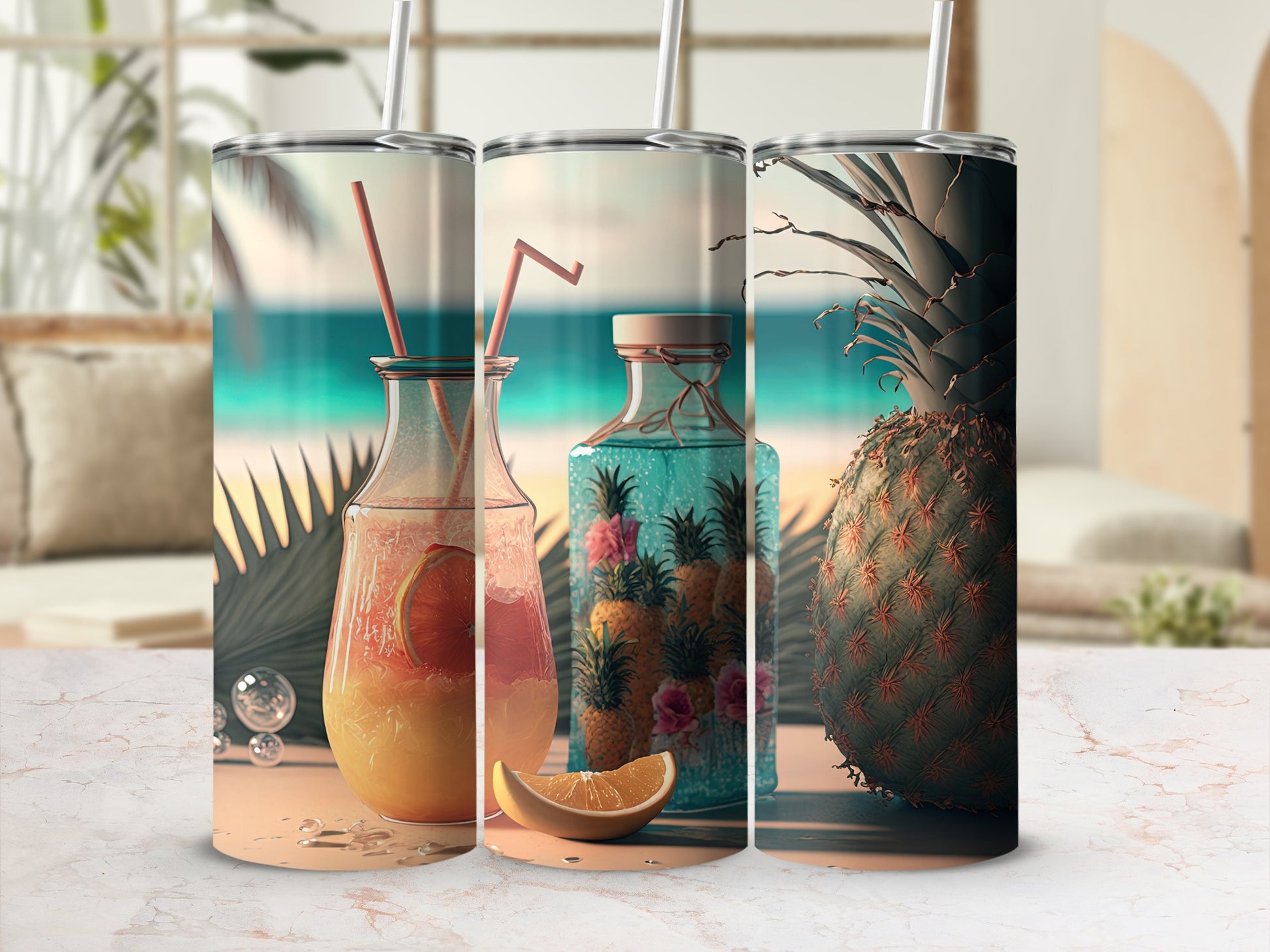Tropical Fruit Scenes with Beach Vibes Tumbler