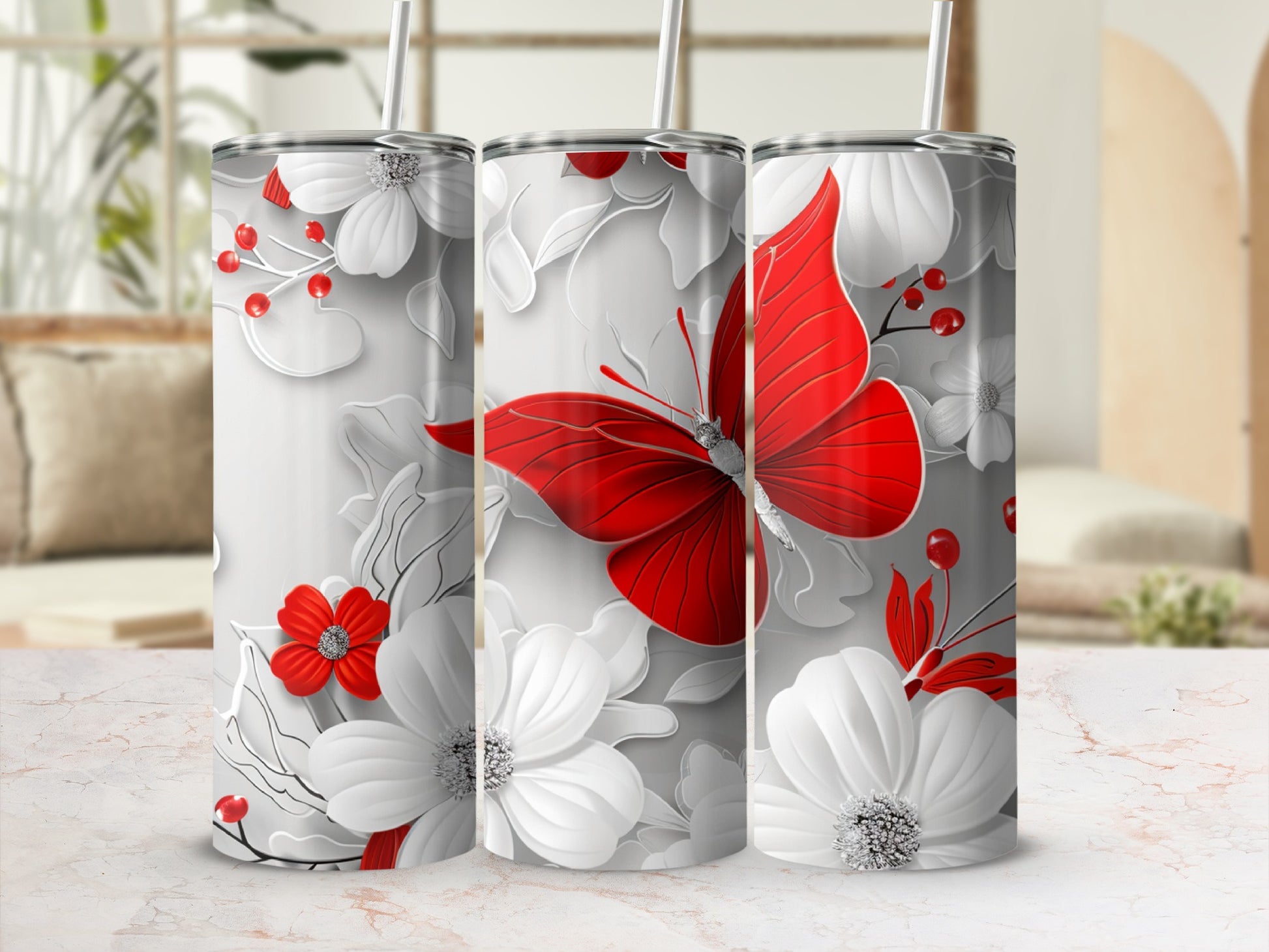 White and red floral design with a prominent red butterfly on a tumbler.