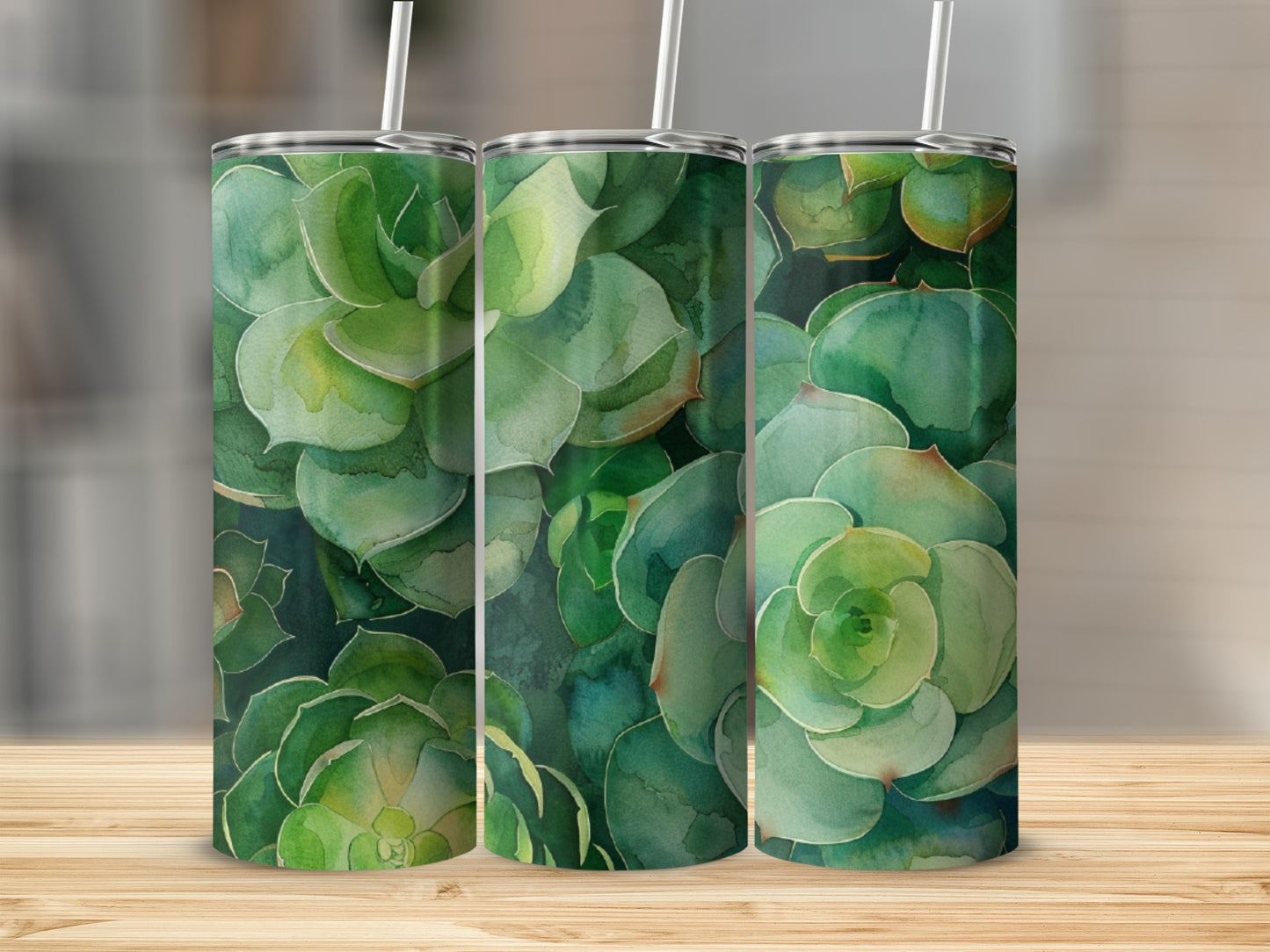 Three tumblers with a green succulent watercolor design.