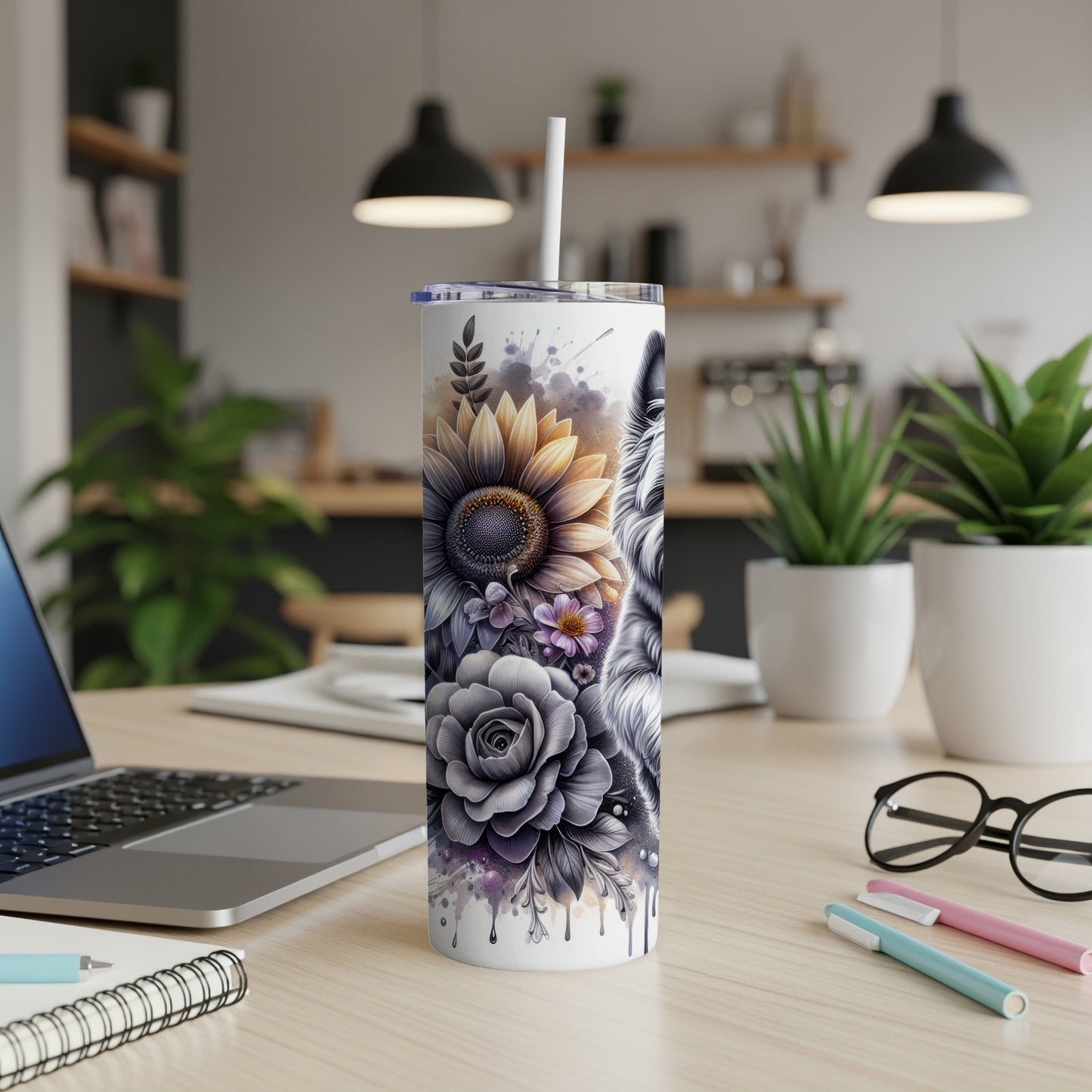 Tumbler with sunflower, rose, and wolf design.