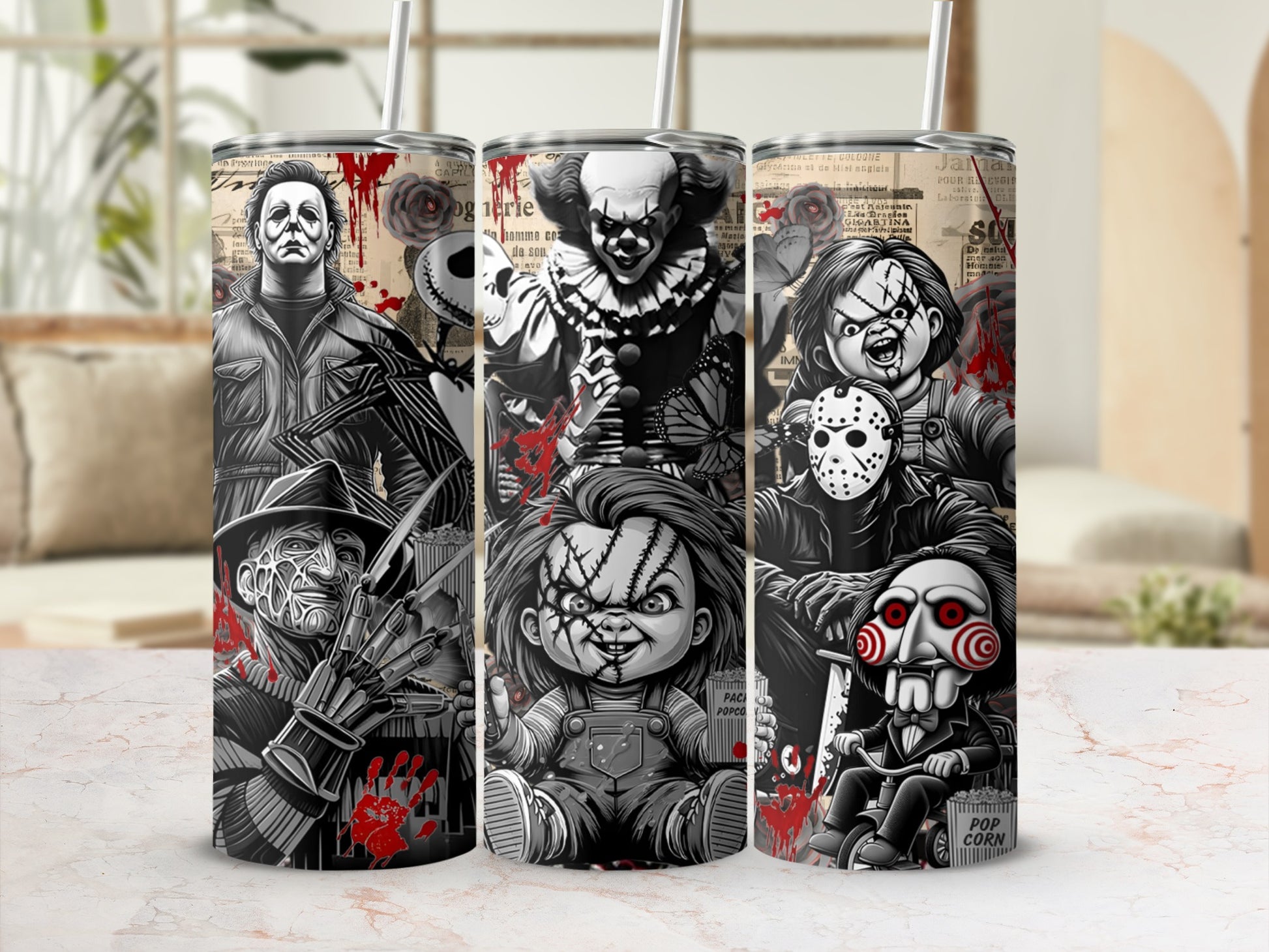 Three tumblers feature horror movie characters including Freddy Krueger, Chucky, and Billy the Puppet.