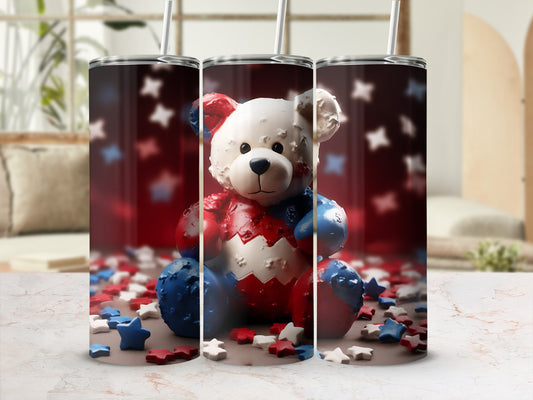 Bear tumbler with stars and stripes design.