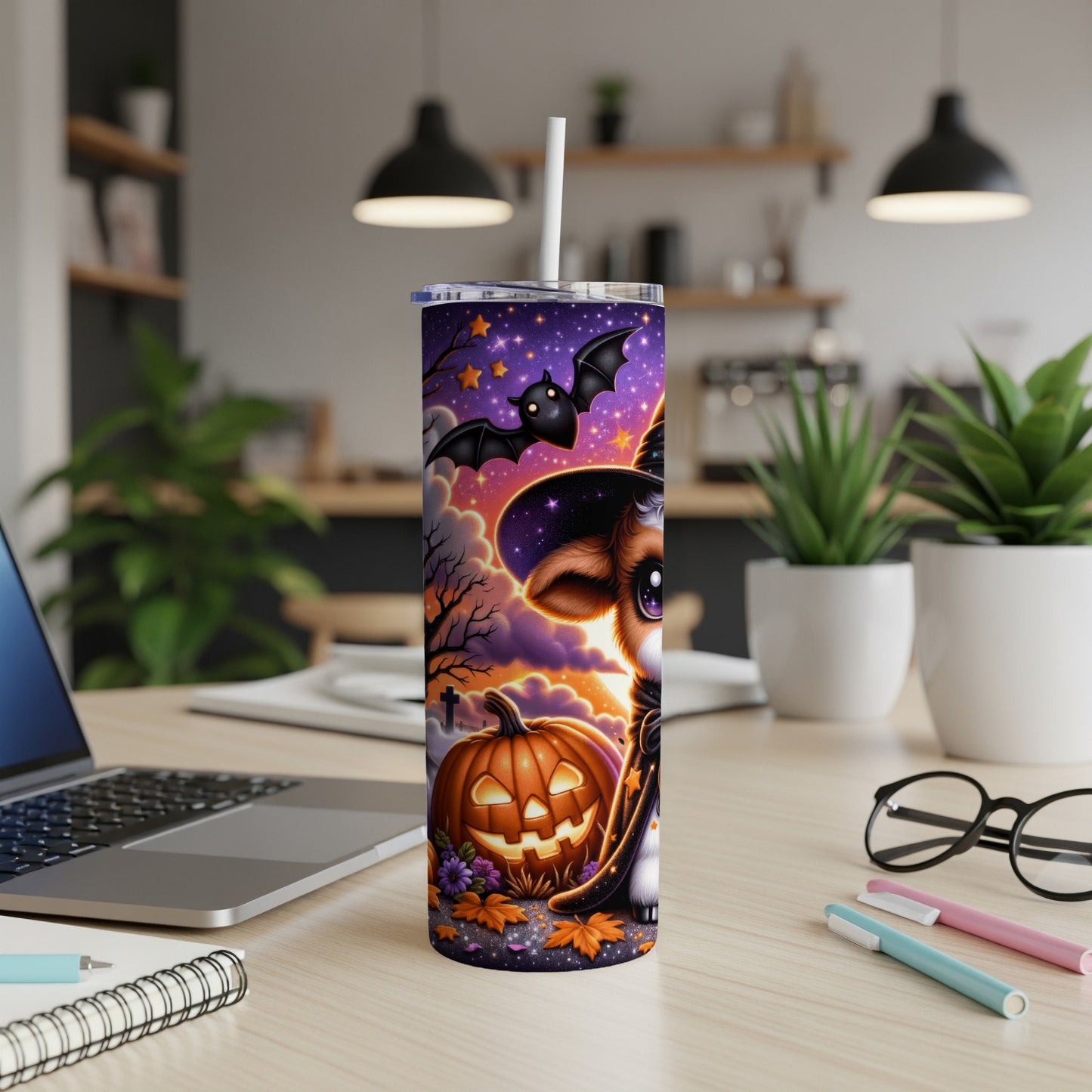 Halloween-themed tumbler with a dog in a witch hat and pumpkin design.