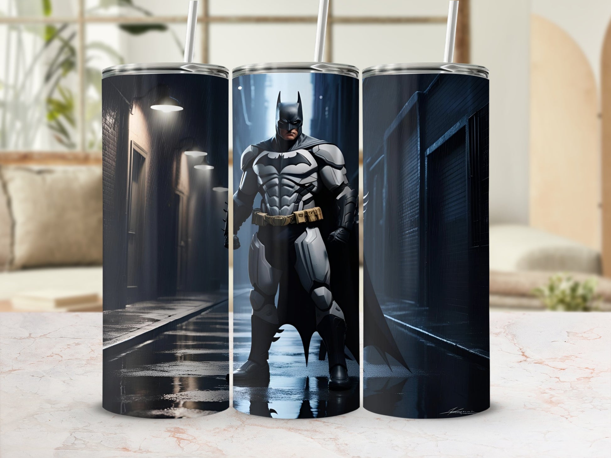 Batman standing in a rainy, dimly lit alleyway.