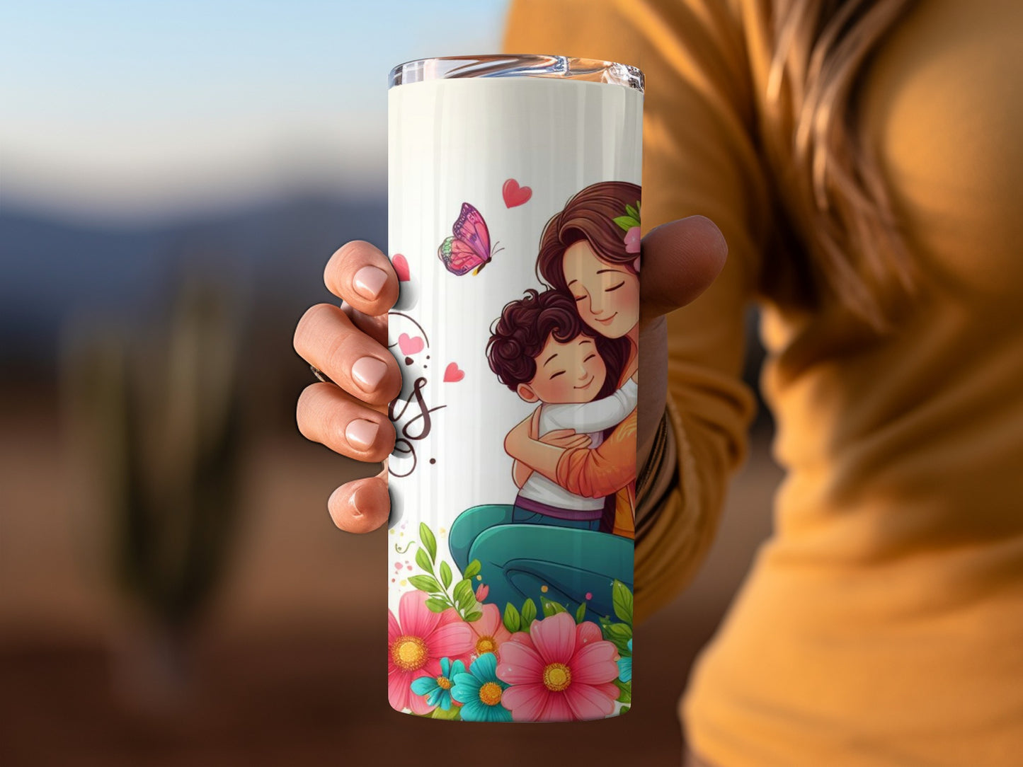 Heartwarming Mom and Child Hugging Illustration Tumbler