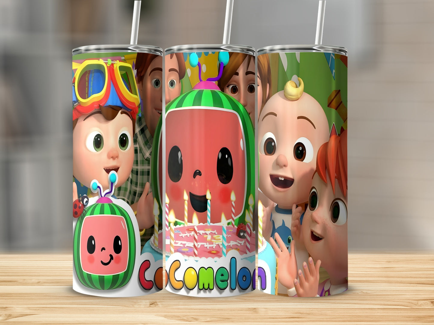 Cocomelon characters on a tall tumbler with straws and confetti.