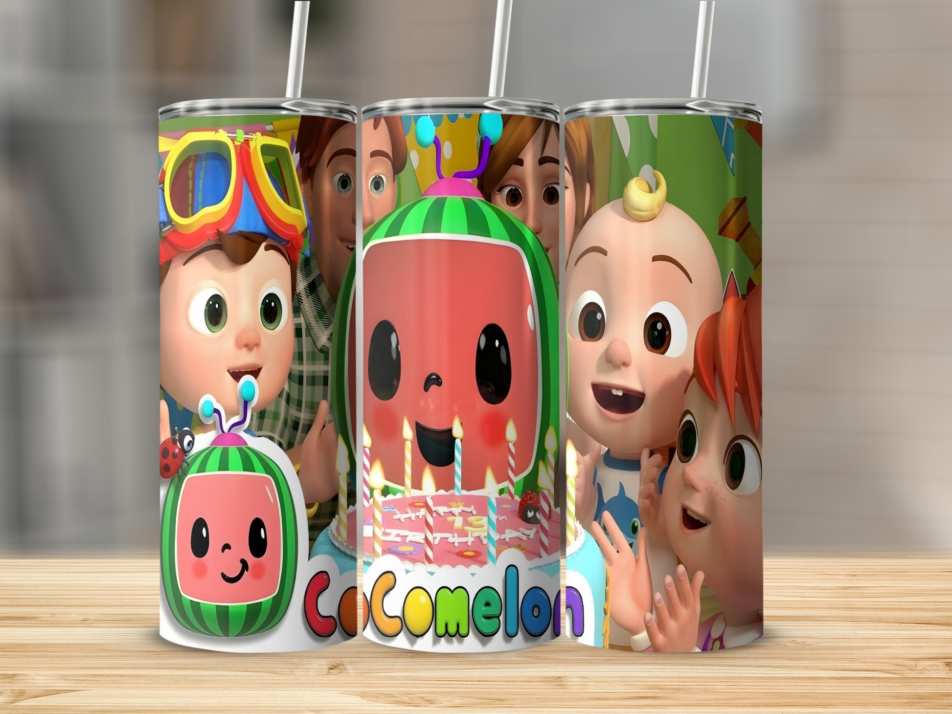 Cocomelon characters on a tall tumbler with straws and confetti.