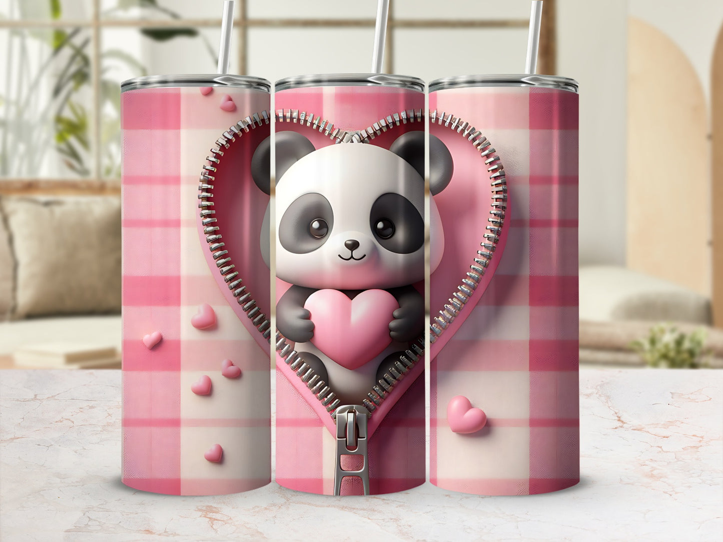 Pink plaid tumbler with zipper heart revealing a panda holding a pink heart.