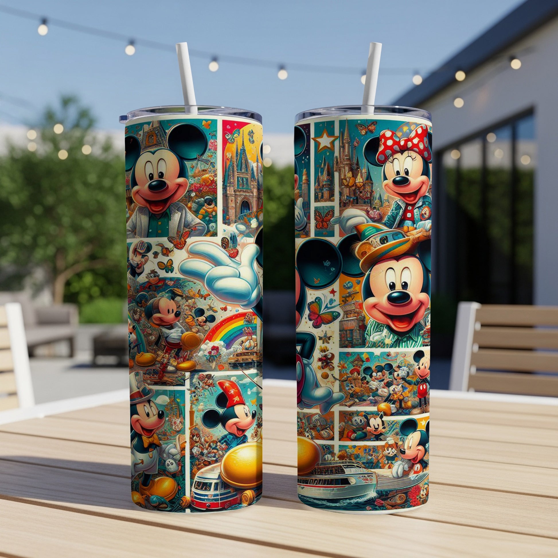 Two tumblers with a collage of Disney characters and scenes.