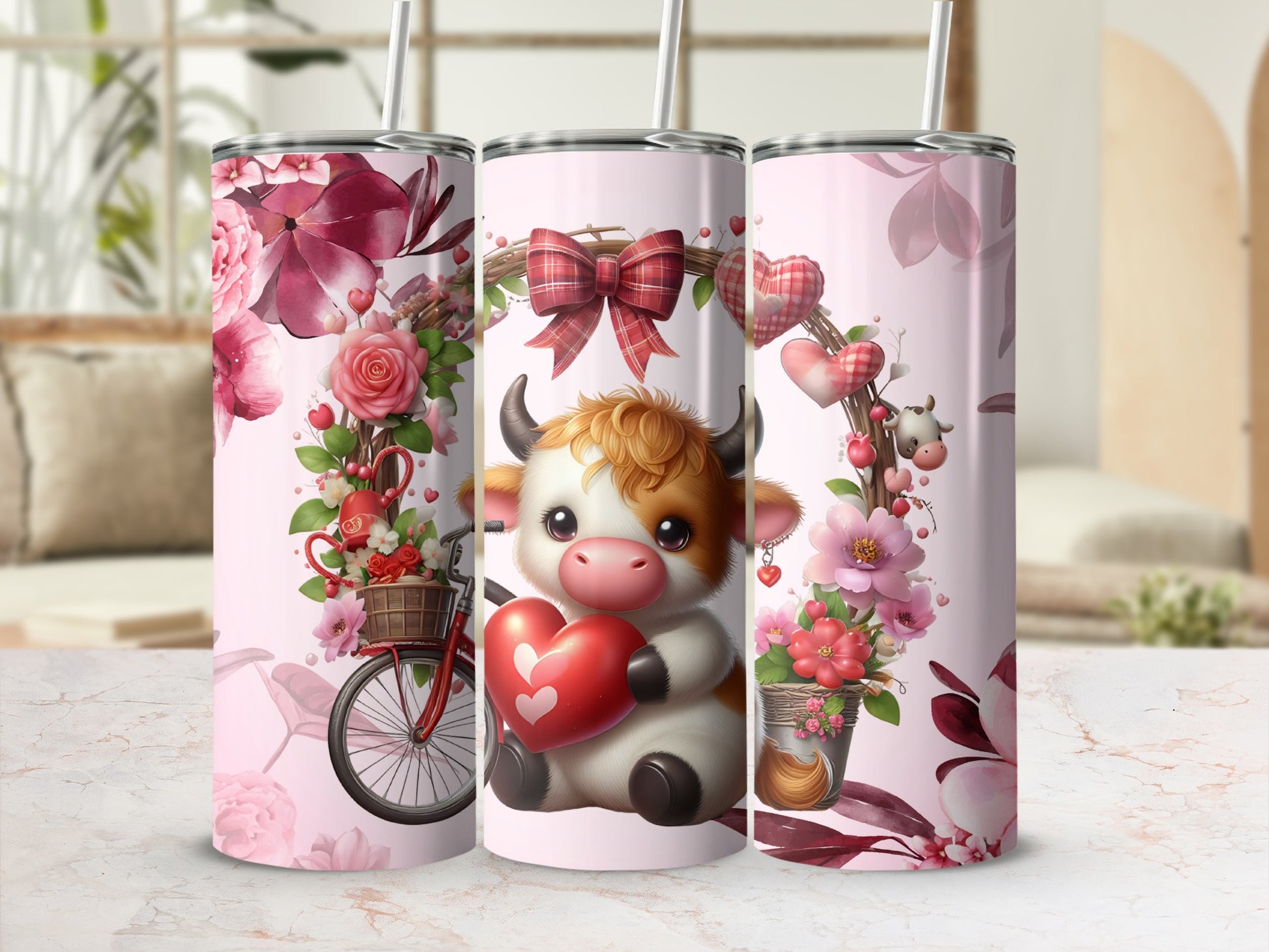 Cute Cow with Heart and Florals Design Tumbler
