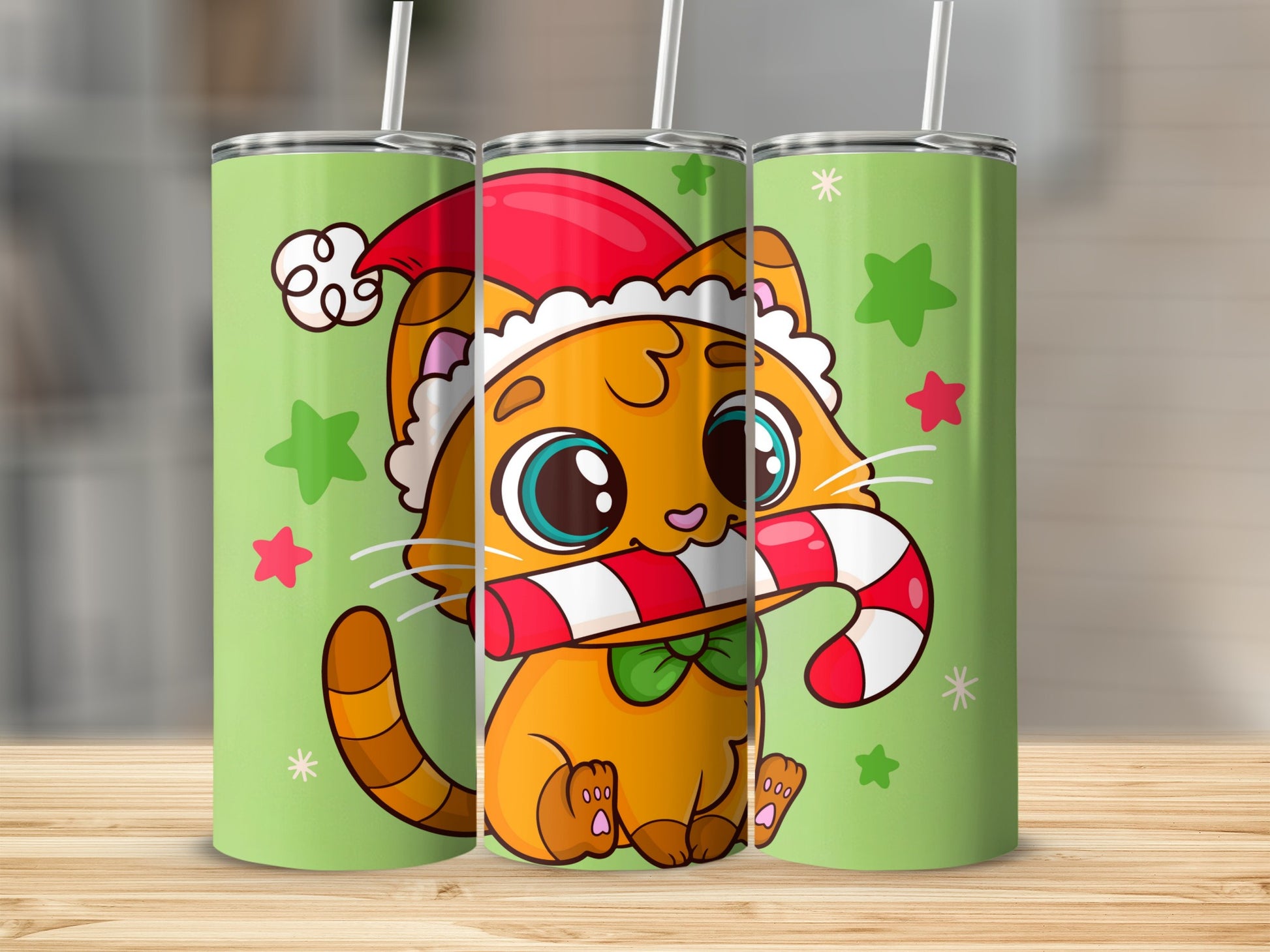 Festive Cute Cat with Candy Cane Christmas Tumbler