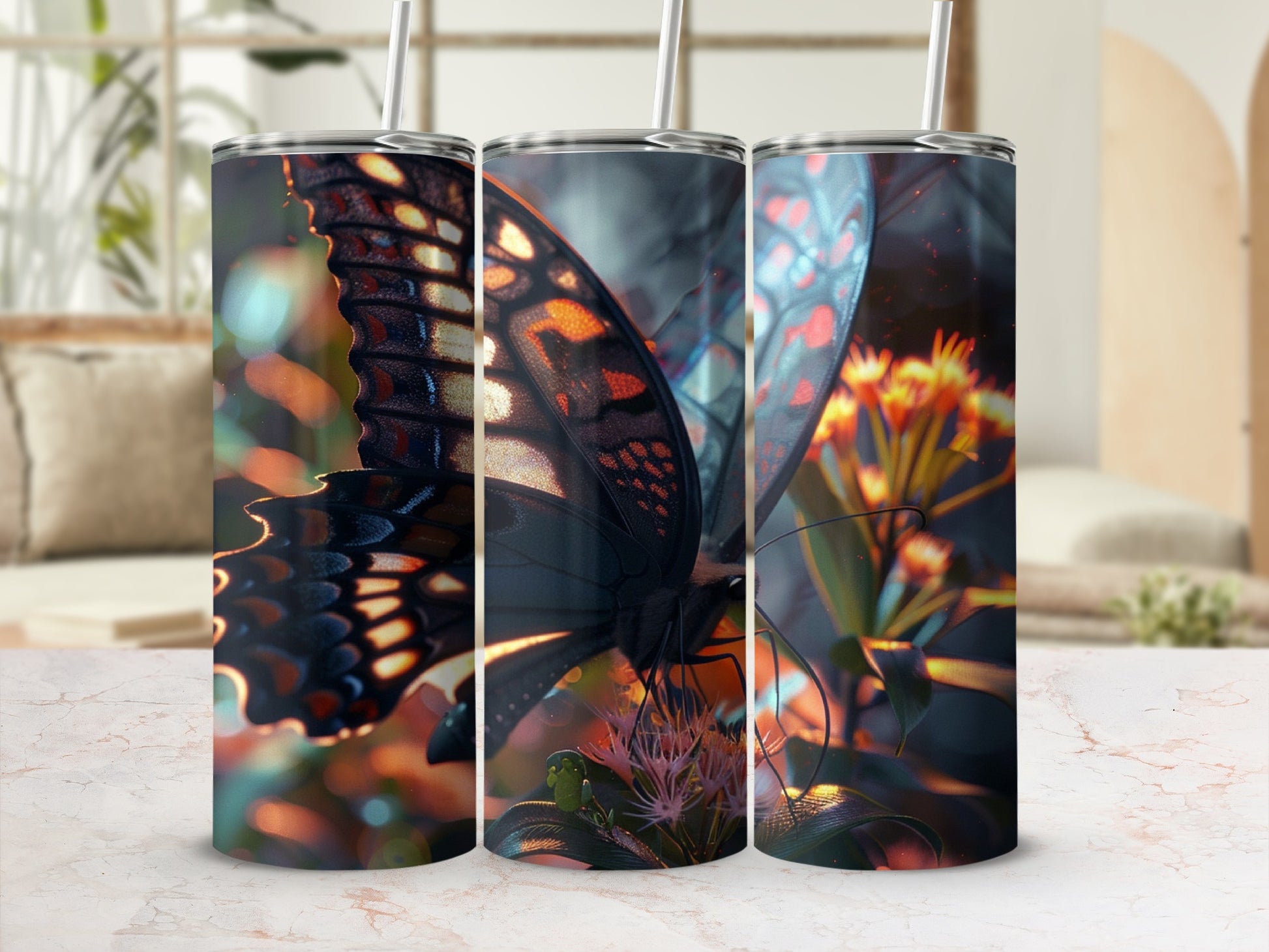 Three tumblers with a close-up butterfly design displayed on a marble surface.