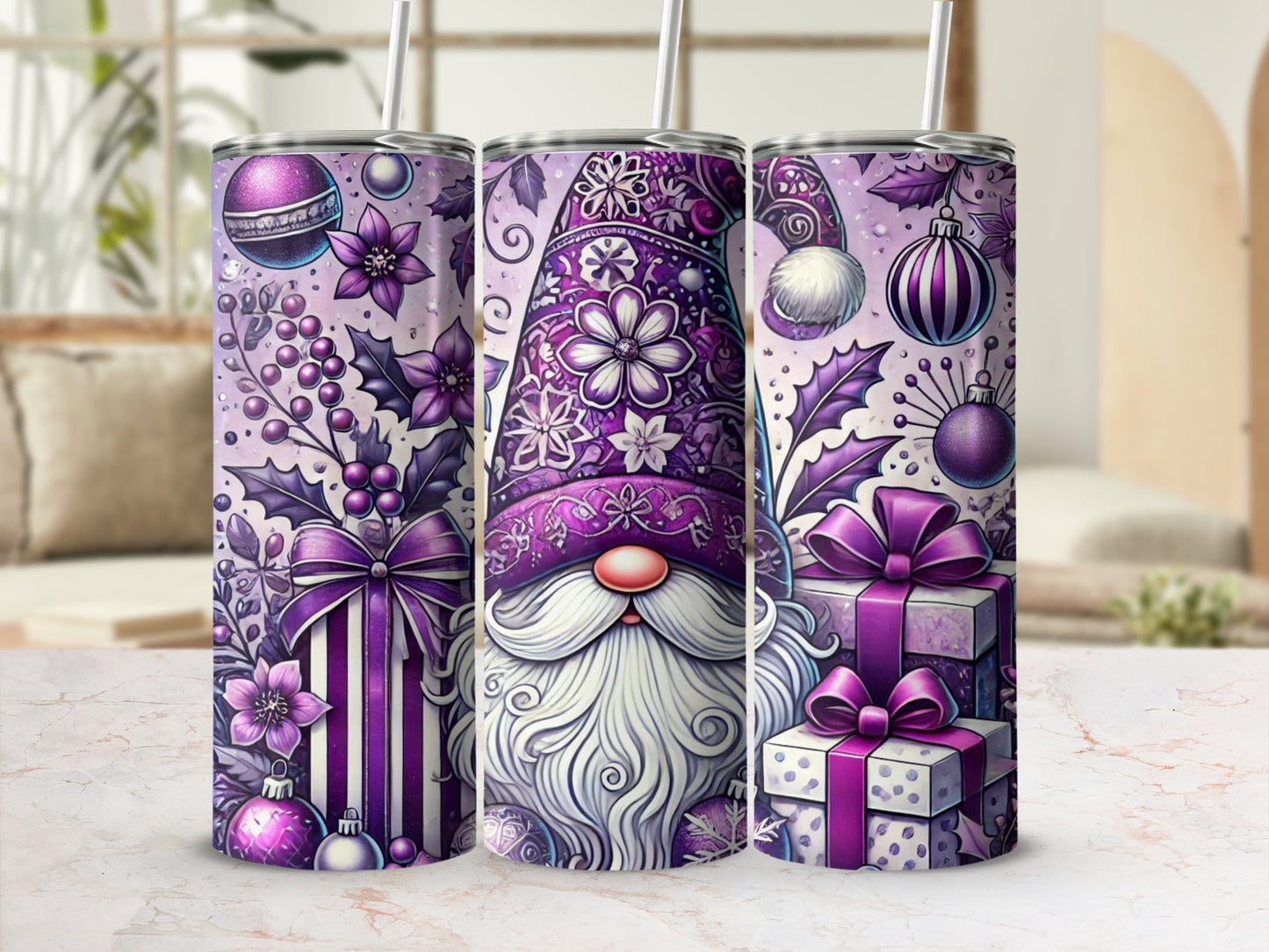Purple gnome with gifts, ornaments, and floral accents on tumbler.