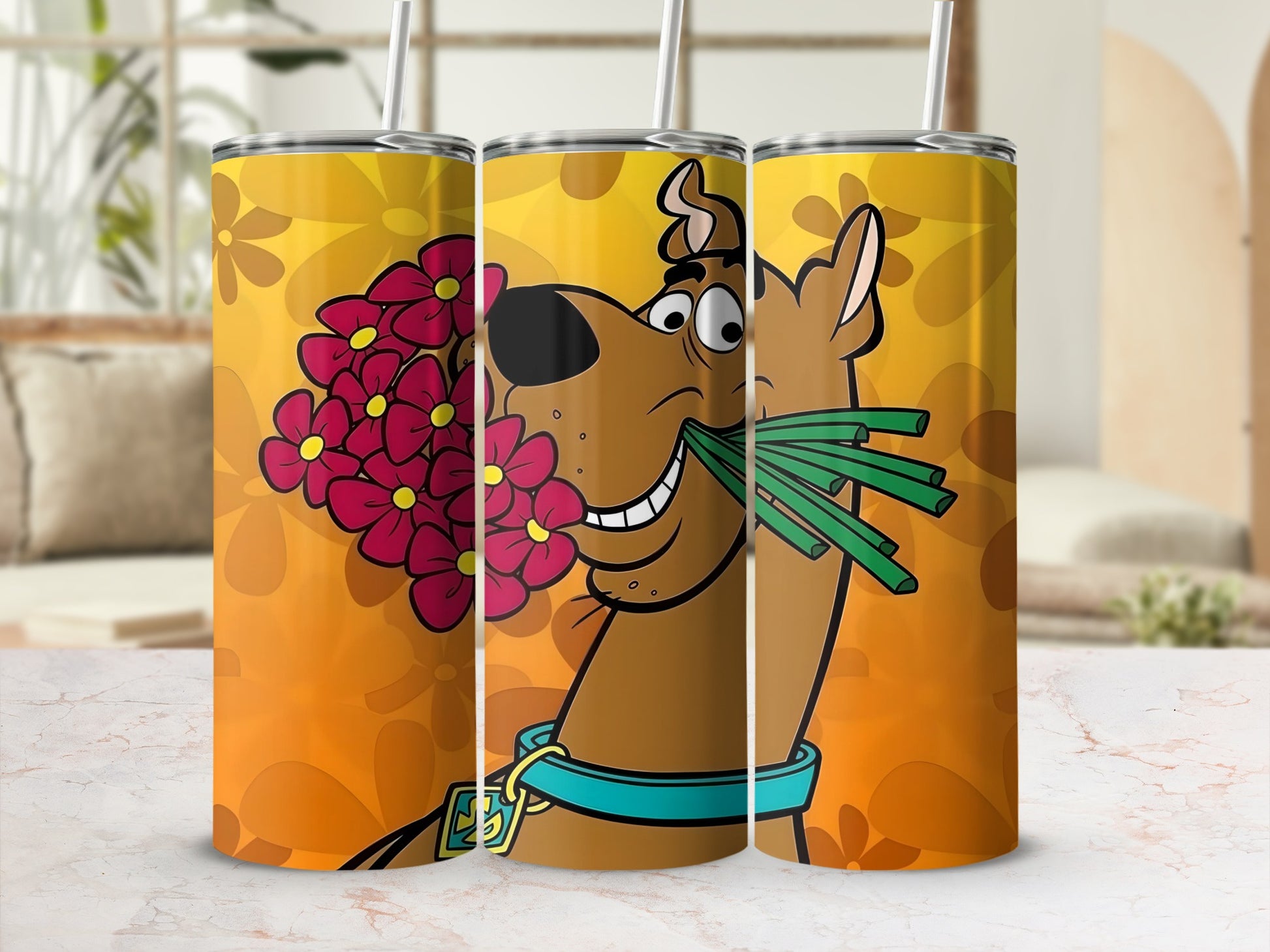 Scooby-Doo holding a bouquet of pink flowers and green grass in his mouth.