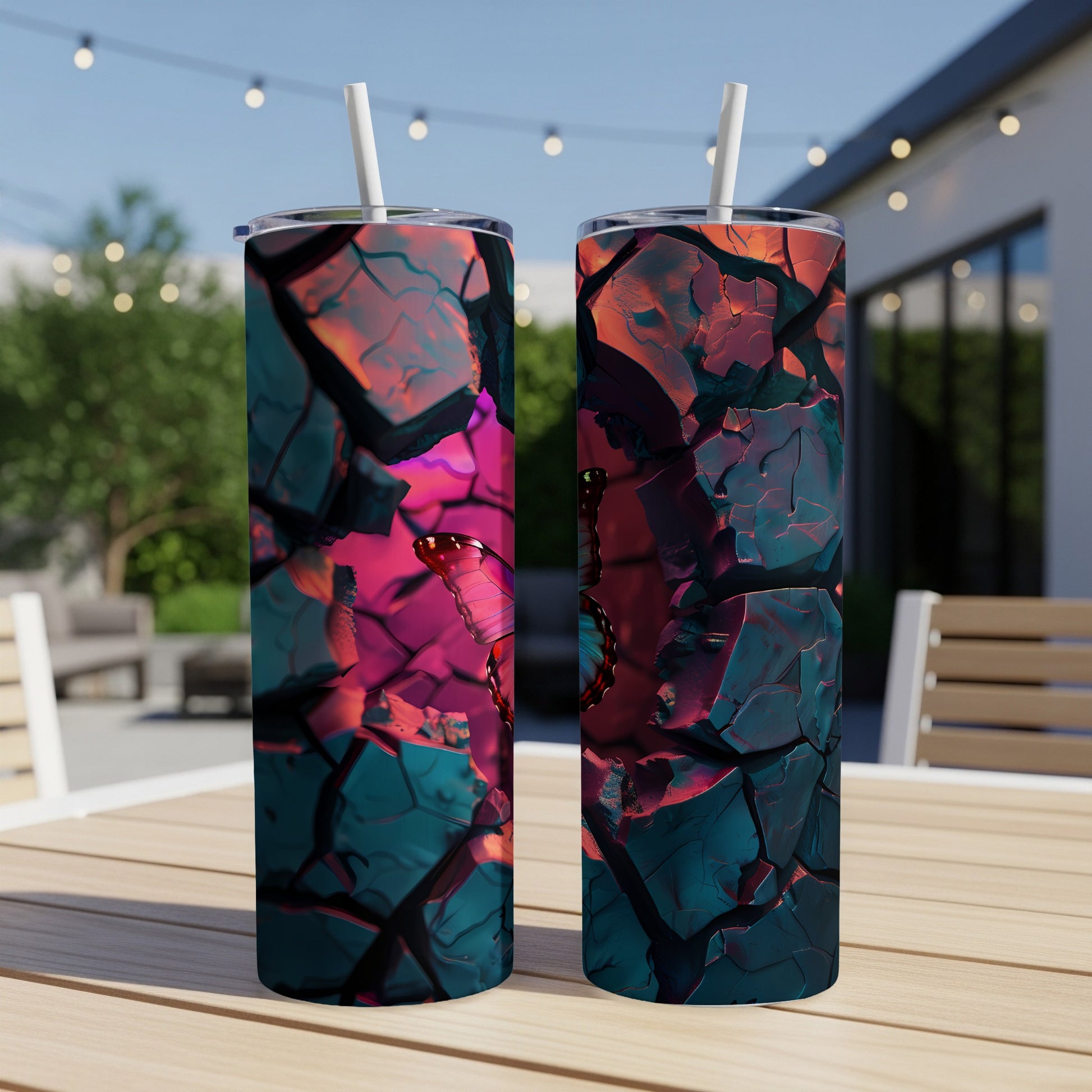 Two tall tumblers with cracked, colorful abstract design and butterfly.