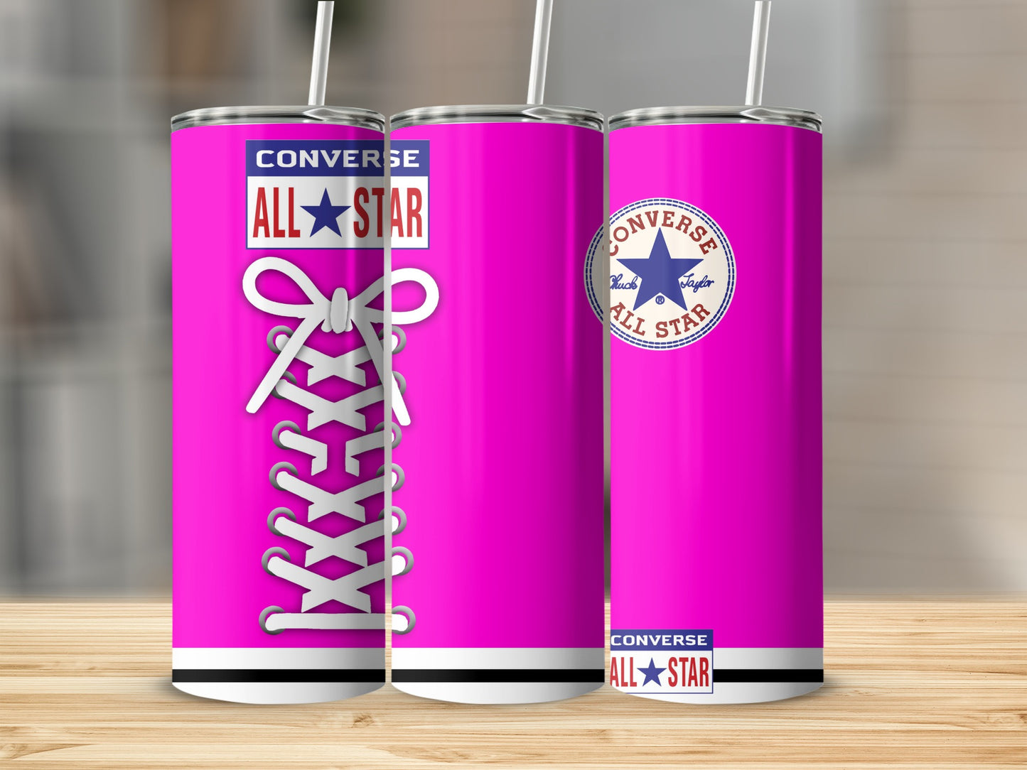 Three pink Converse tumbler cups with laces and logos.
