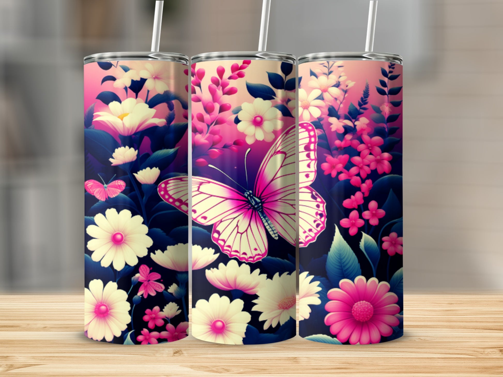 Three tumblers featuring a pink butterfly and floral design.