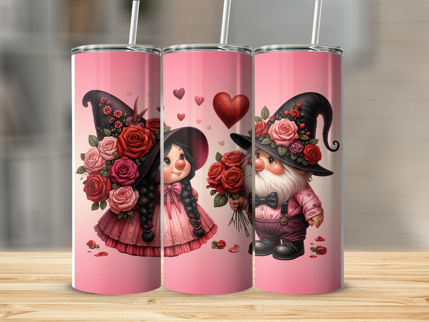 Valentine's Day tumblers with gnome and girl characters, holding flowers.