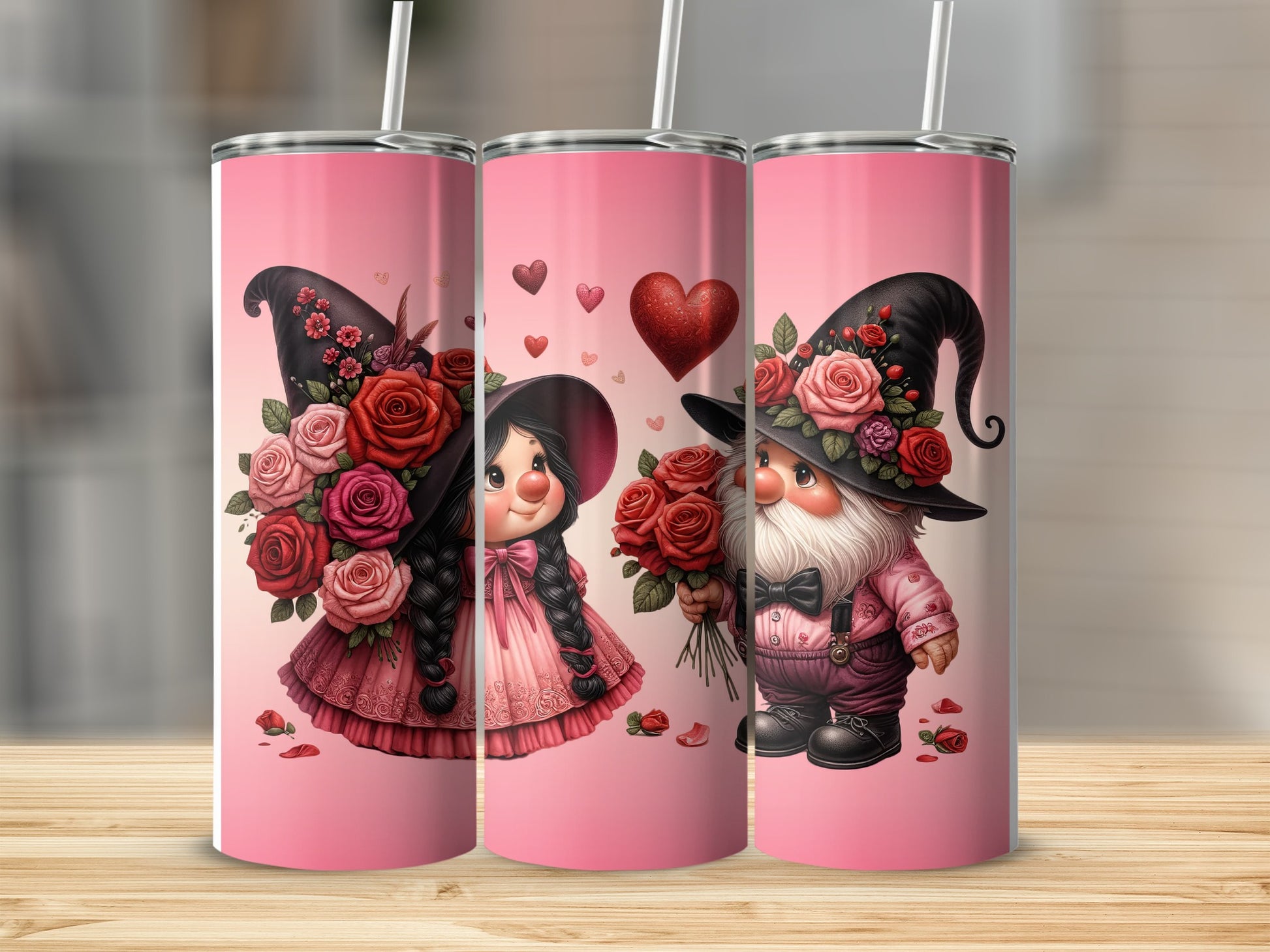 Valentine's Day tumblers with gnome and girl characters, holding flowers.