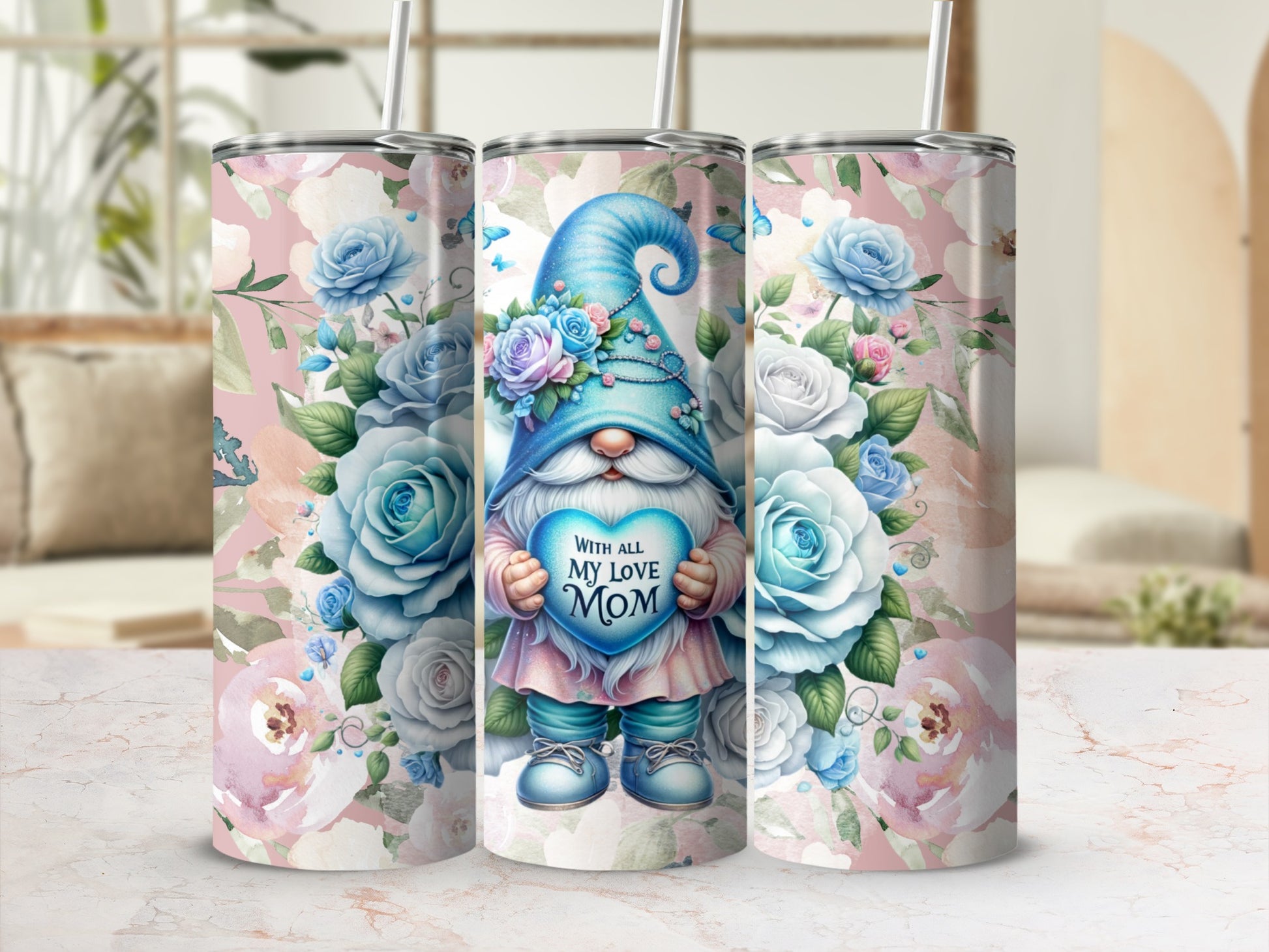 Blue Roses and Gnome 'My Love Mom' Tumbler Design