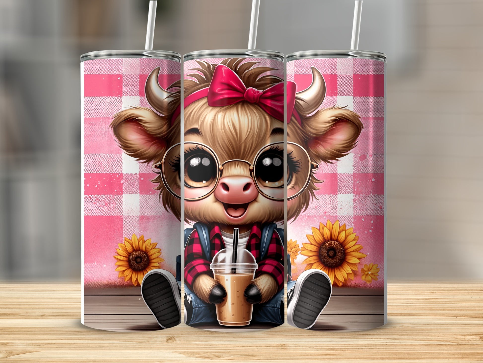 Cute cartoon cow with oversized glasses holding a coffee cup.