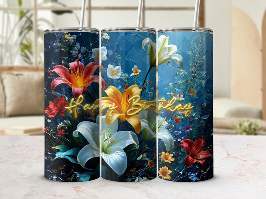 Tall tumbler with floral design and "Happy Birthday" text.
