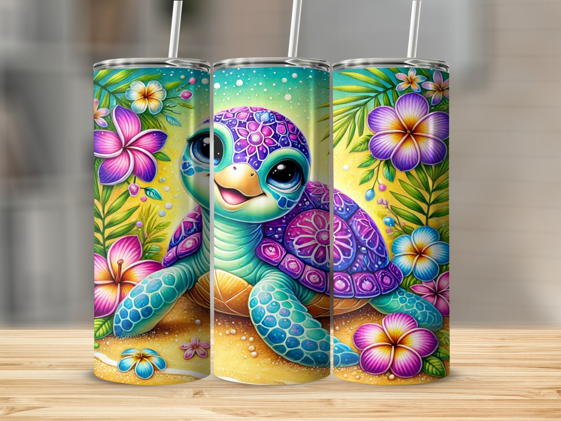 Cute Colorful Turtle and Floral Art Tumbler Product