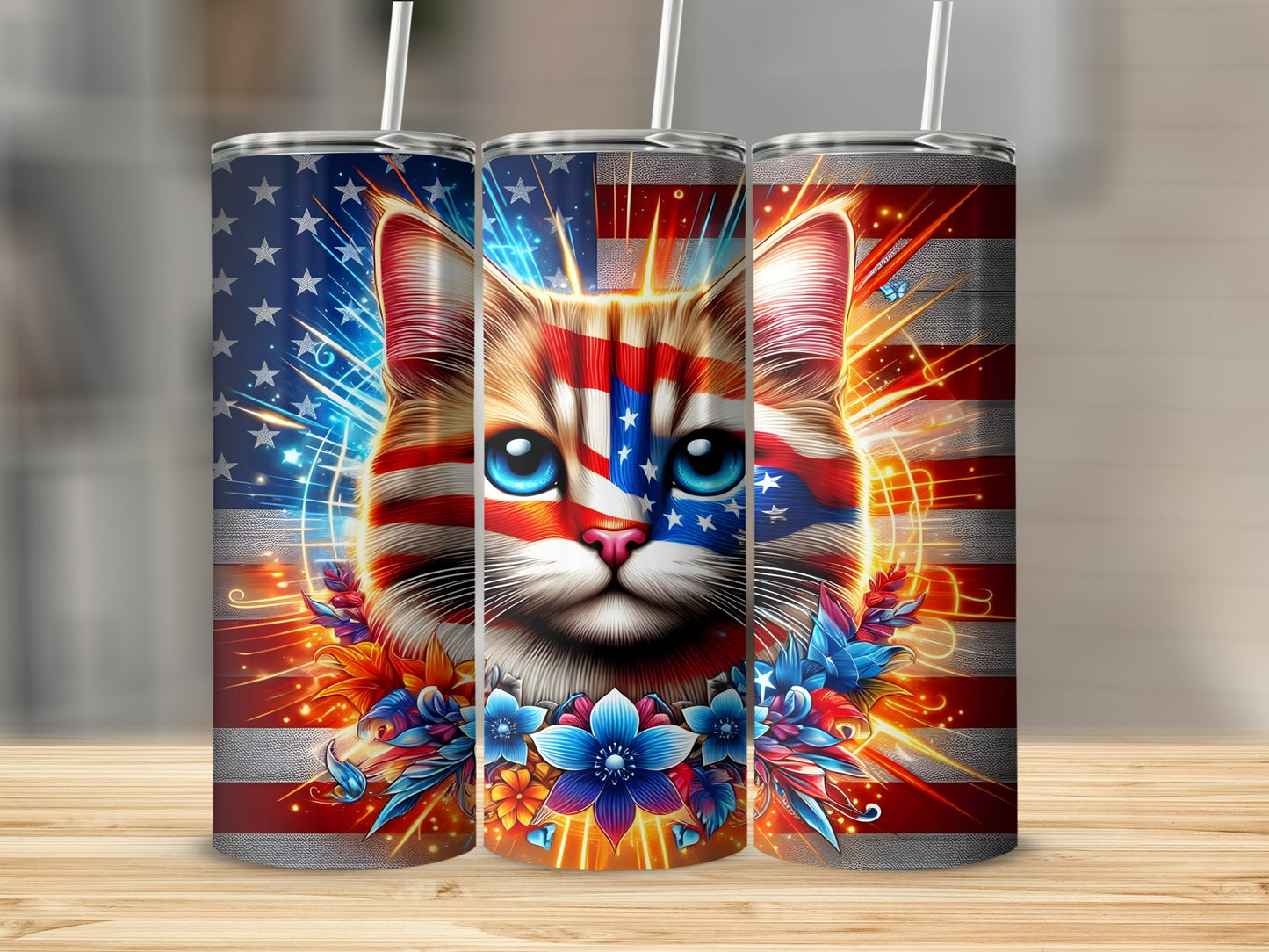 Patriotic cat with American flag face on a tumbler.