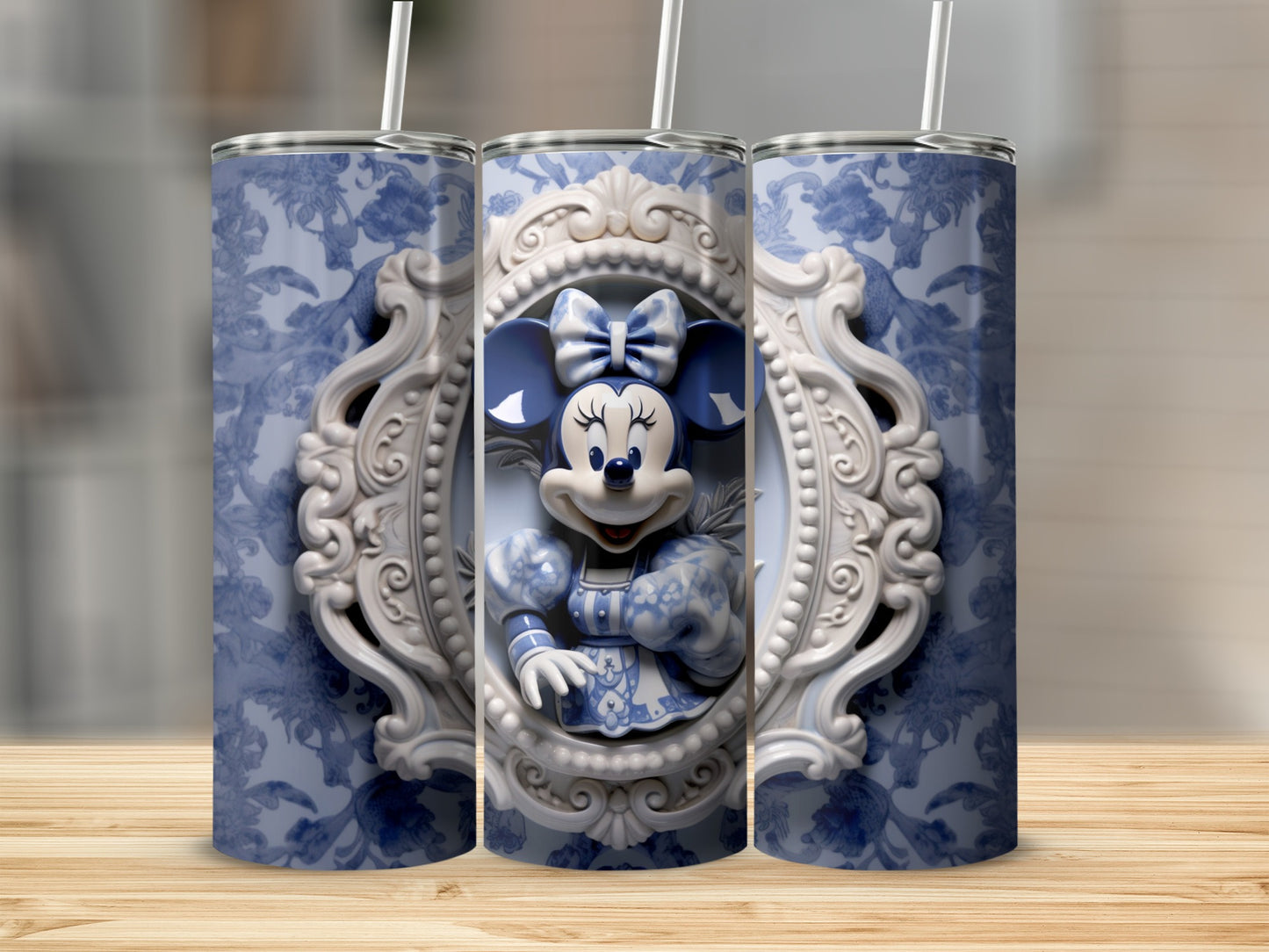 Elegant Blue Floral Minnie Mouse Tumbler Cup Product