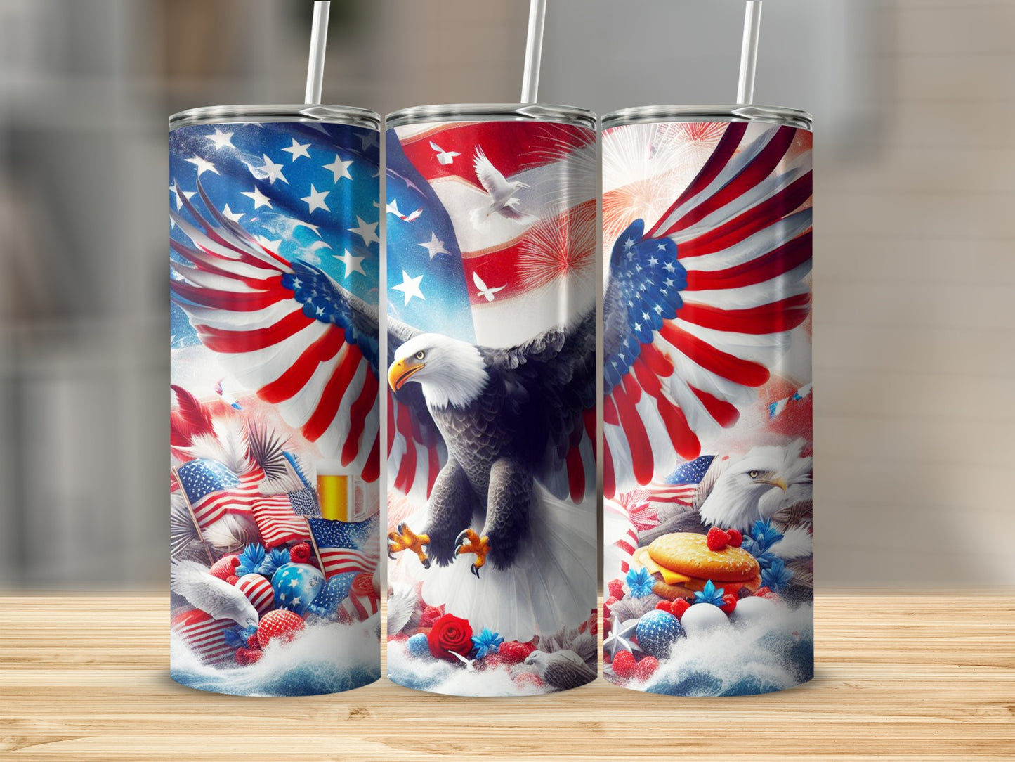 American flag and eagle themed tumbler with patriotic fireworks and treats.