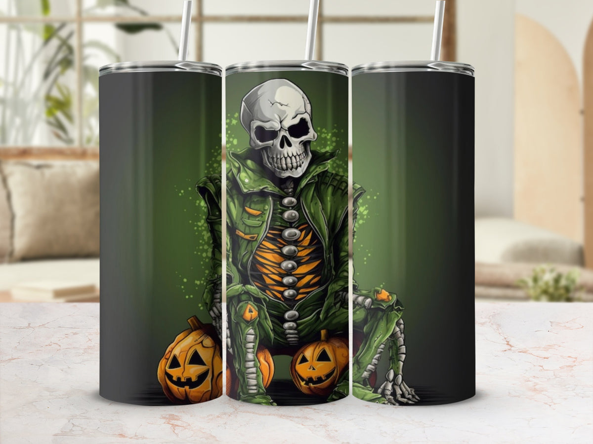 Skeleton in green jacket sitting on pumpkins, Halloween themed tumbler design.