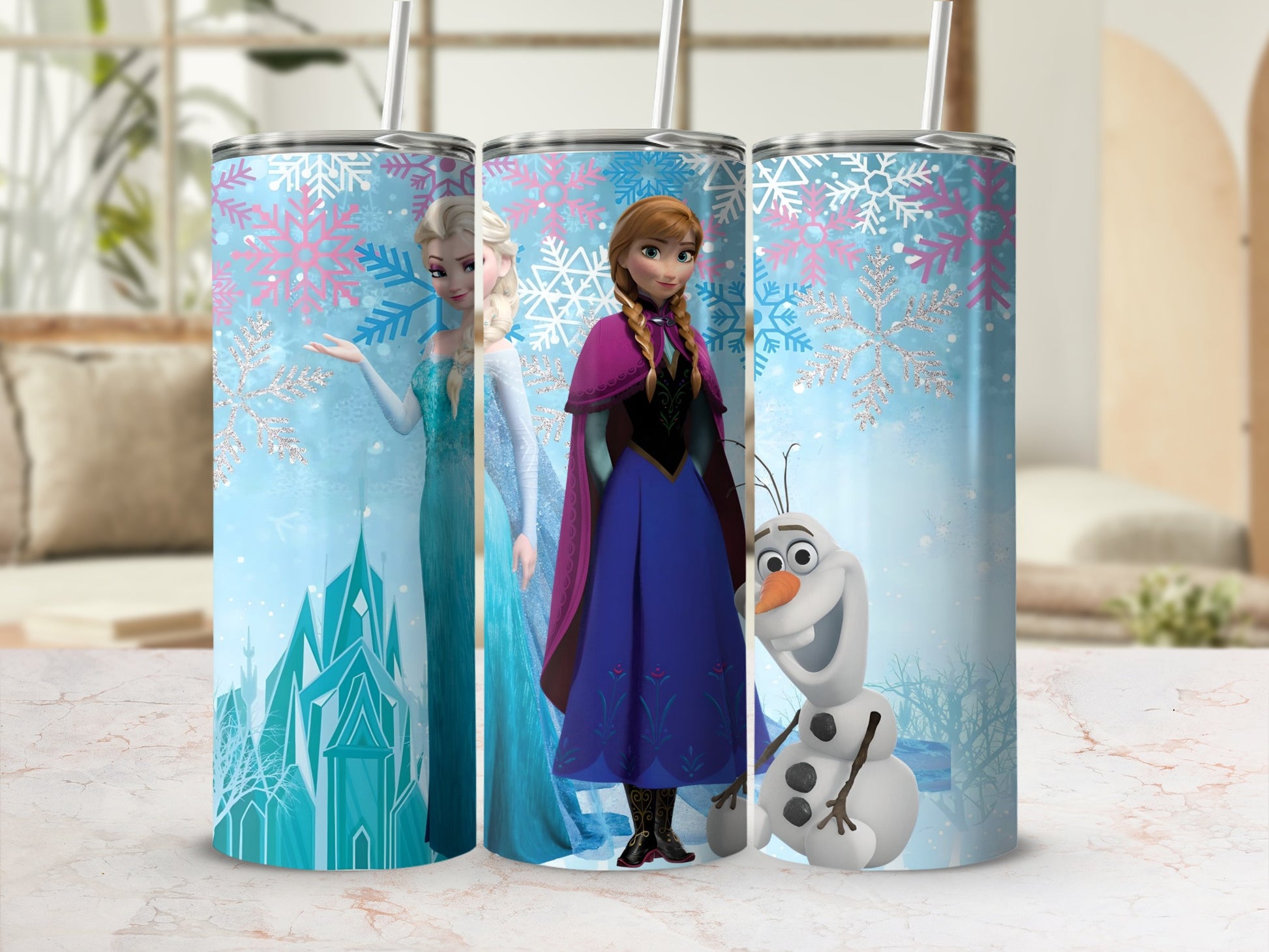 Frozen Elsa Anna Olaf Snowflake Tumbler Cup with Straw