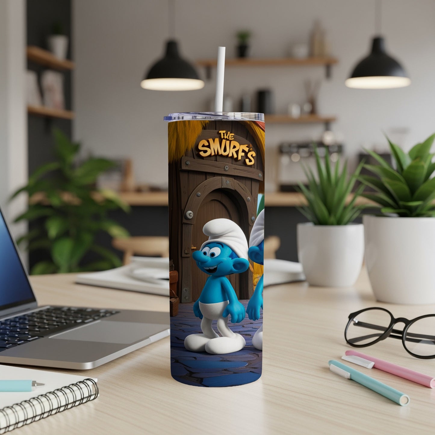 Smurf character in front of a wooden door with "The Smurfs" text.