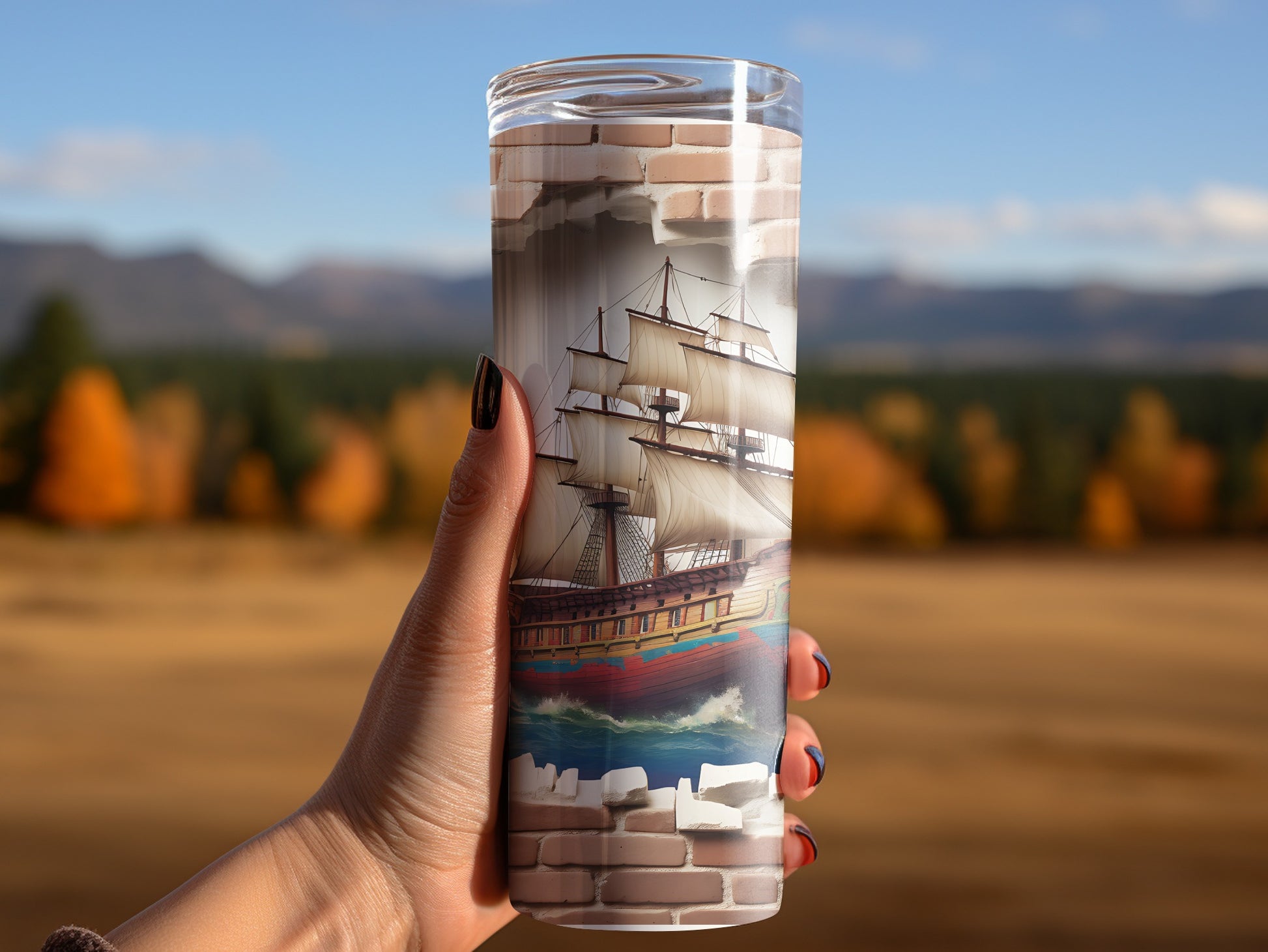 Tall Ship Travel Tumbler with Scenic Landscape