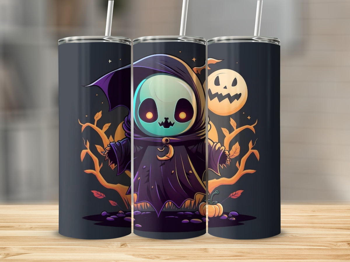 Three tumblers with a cute grim reaper and pumpkin design, set on a wooden table.