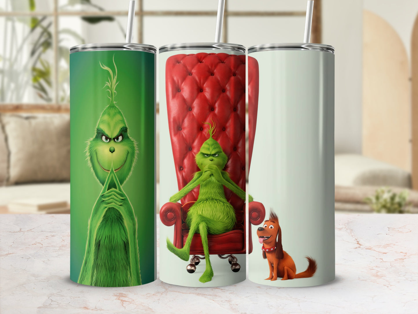 Green Grinch on throne with Max the dog, printed on a tumbler.